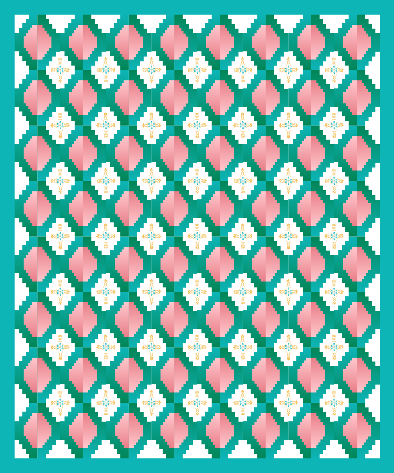 Un motivo geometrico ripetuto di rombi rosa e croci bianche su quadrati teal