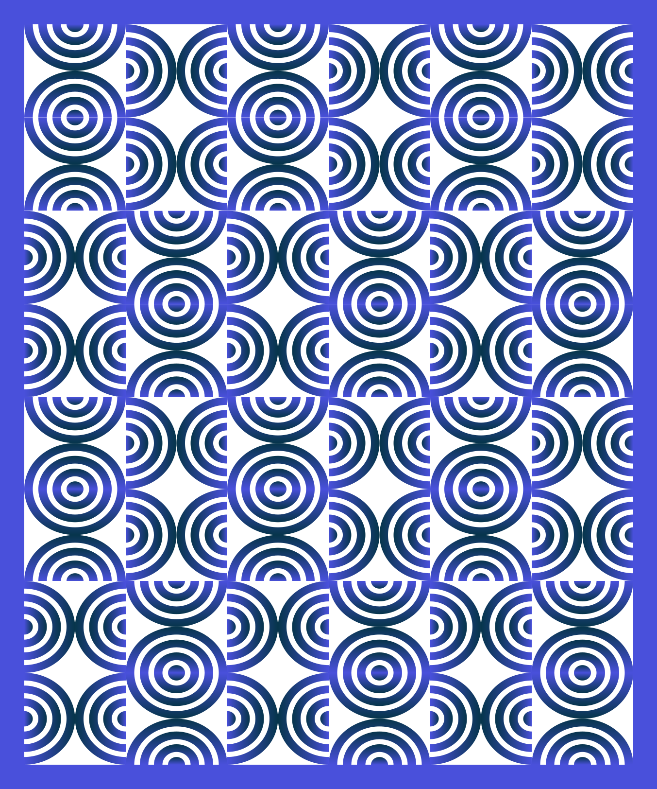 Un patrón continuo de círculos concéntricos azules y blancos sobre una cuadrícula cuadrada