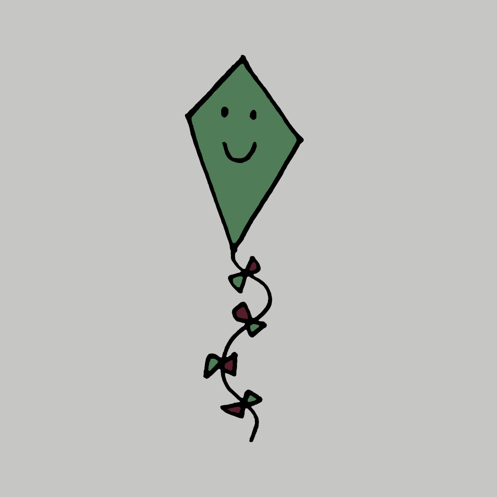 Un cerf-volant vert en forme de losange avec un visage souriant et une queue avec des rubans