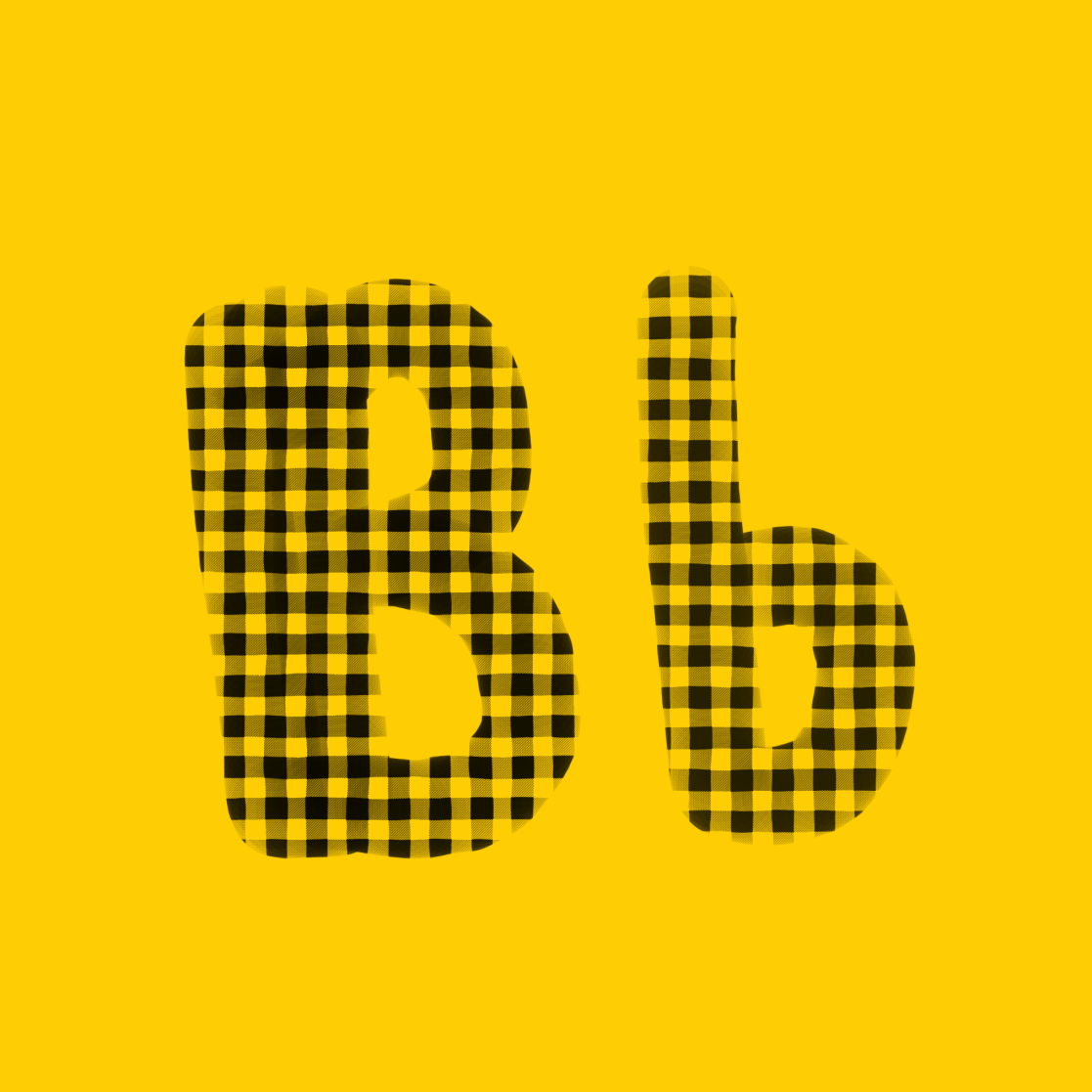 Groß- und Kleinbuchstaben B mit einem schwarz-gelben Gingham-Muster