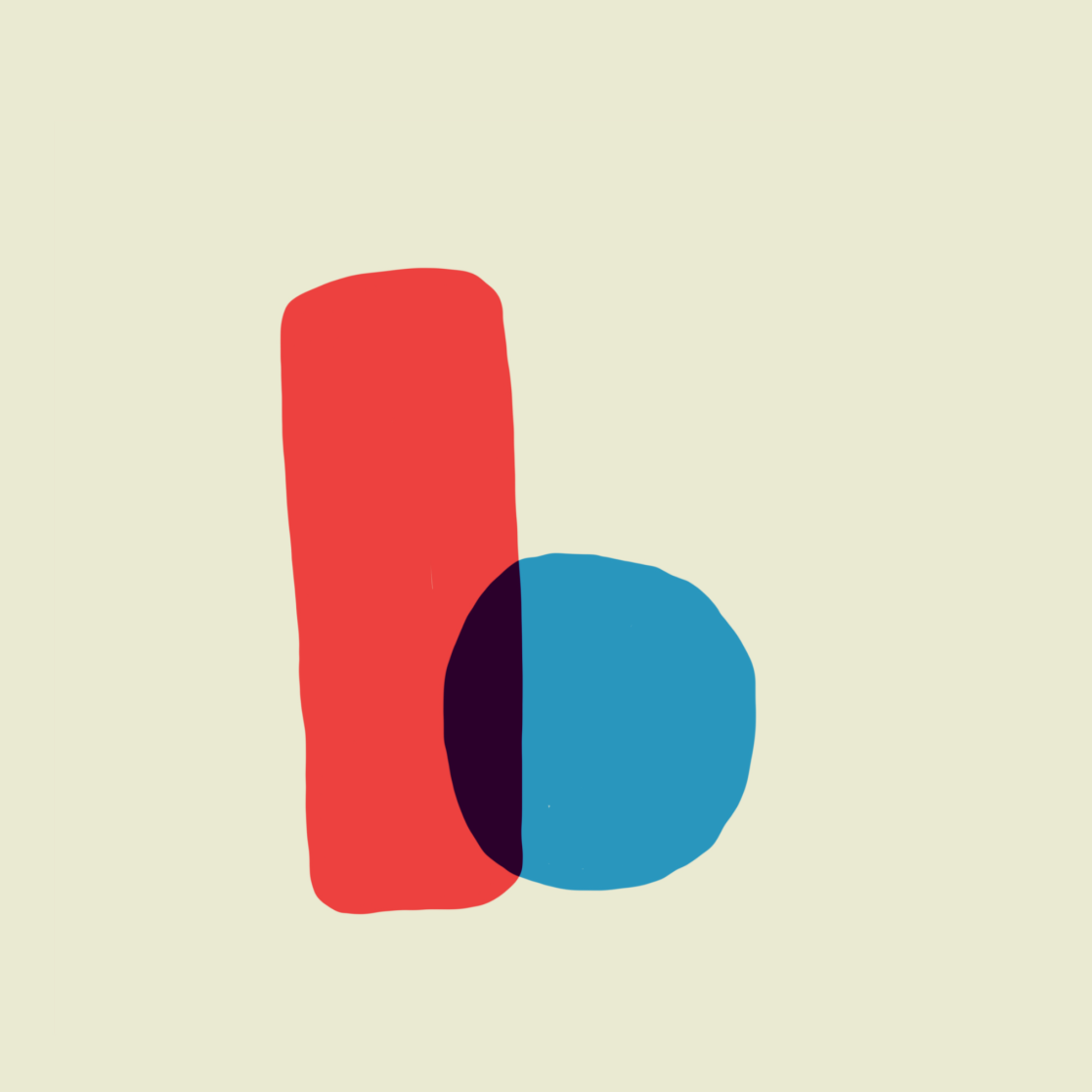 Un rectangle vertical rouge superposant un cercle bleu sur un fond crème