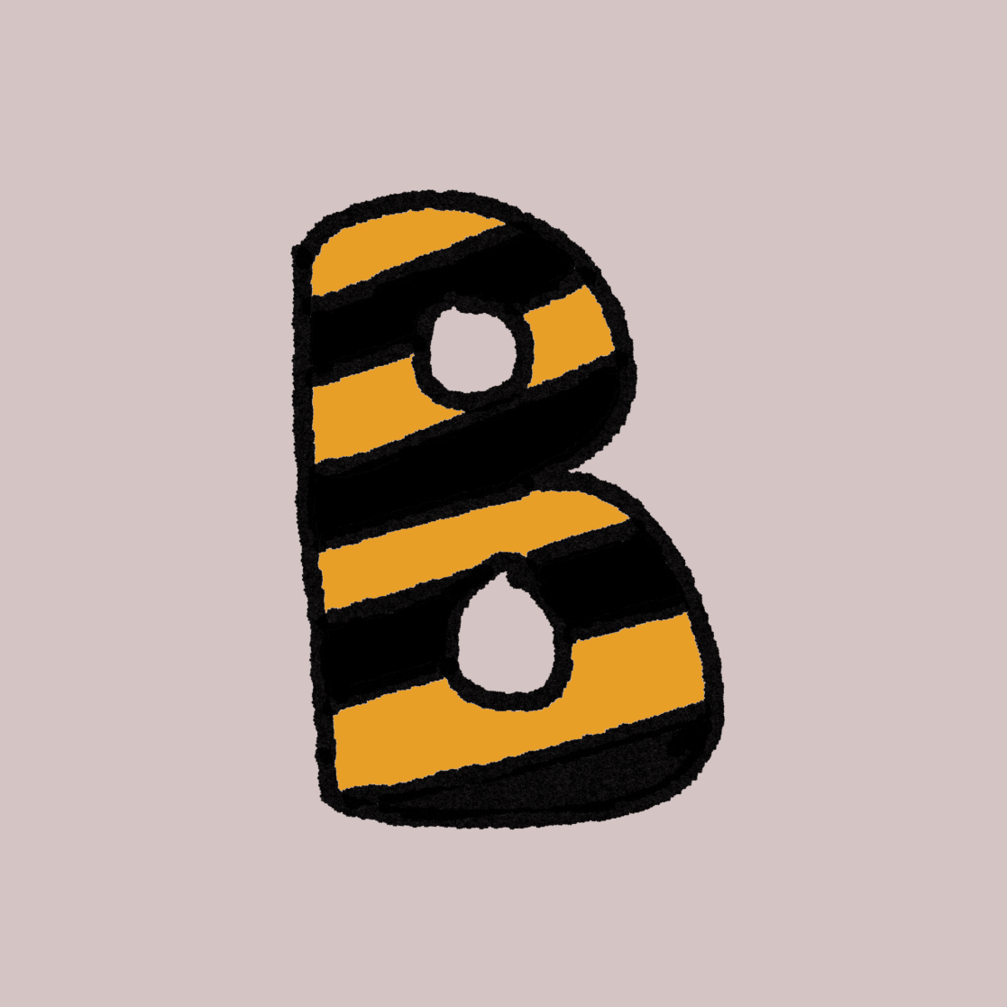 Der Buchstabe B mit horizontalen schwarzen und gelben Streifen auf hellem Hintergrund