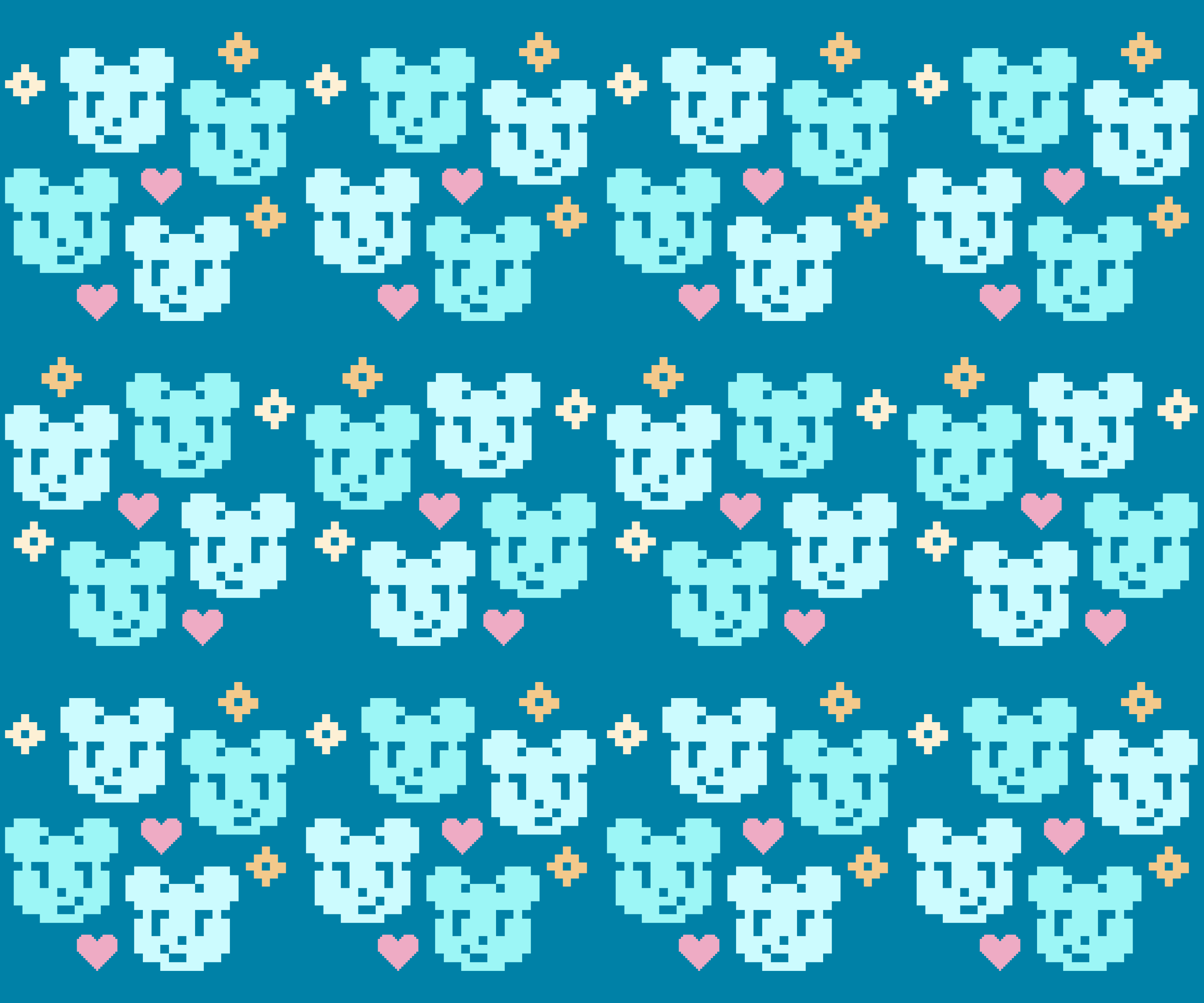 Um padrão repetitivo de rostos de urso pixelados azul-claro, corações cor-de-rosa e estrelas laranja