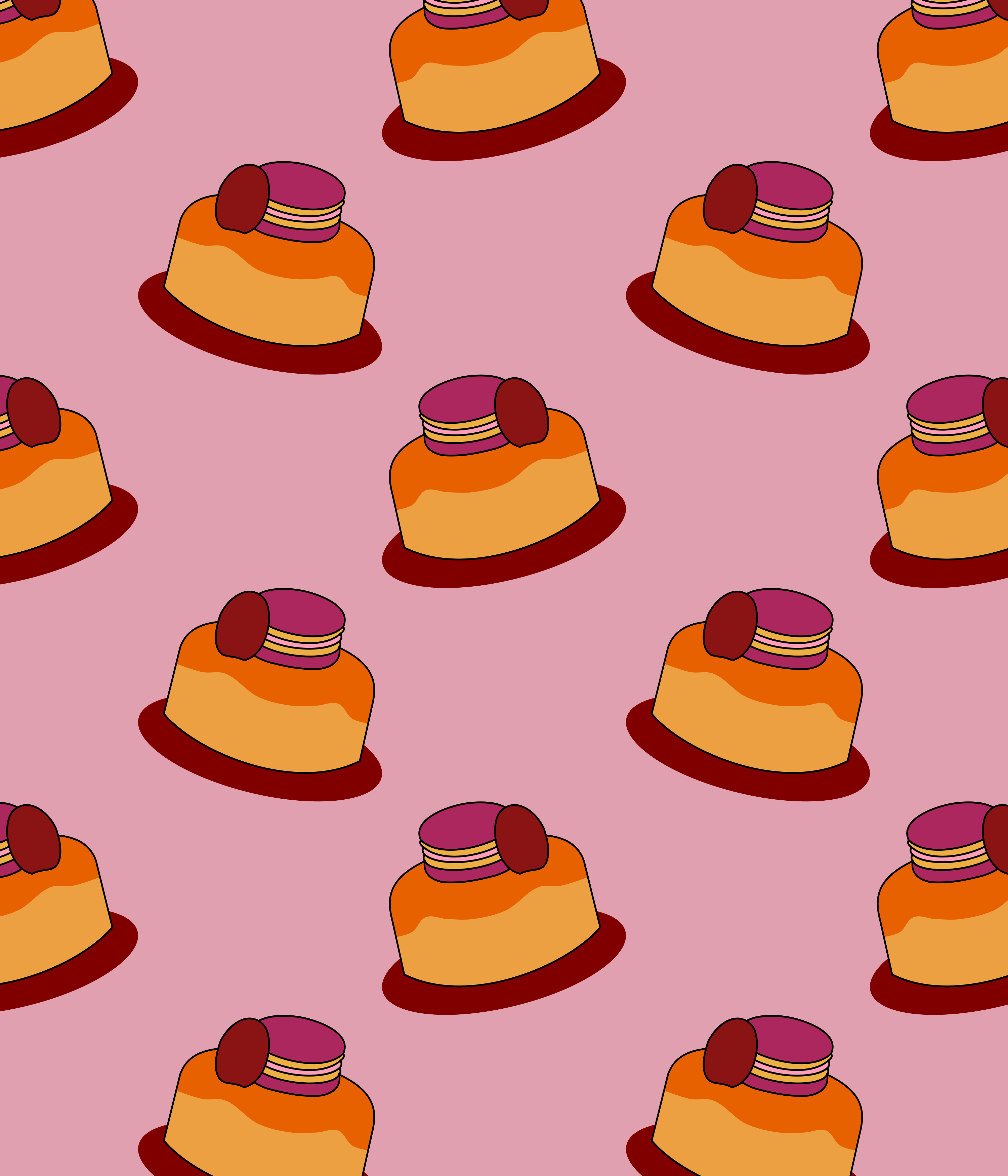 Um padrão repetitivo de bolos laranja cobertos com macarons roxos sobre um fundo rosa