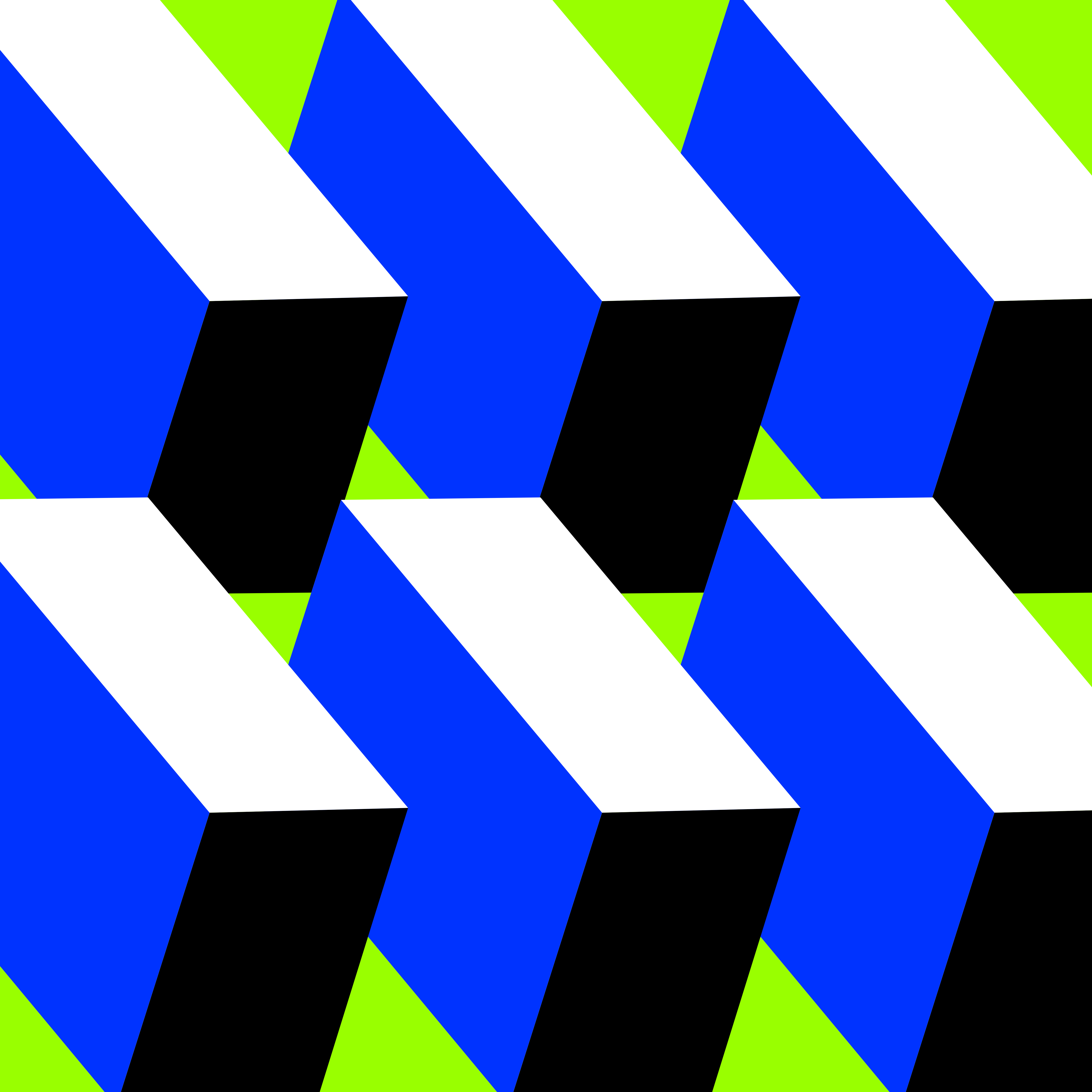 Un patrón geométrico repetitivo de bloques azules, blancos y negros sobre verde lima