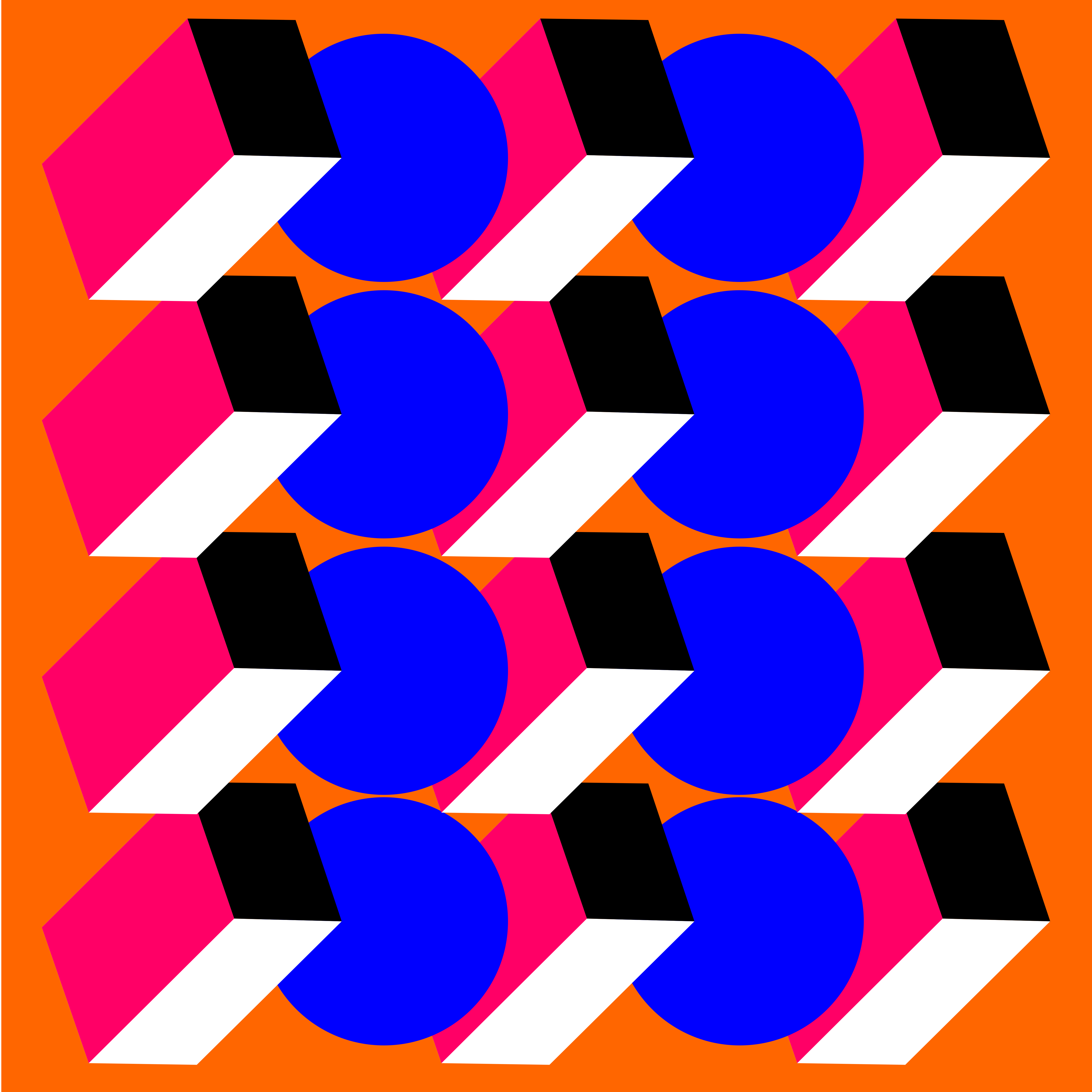 Blue circles and pink three-dimensional blocks on a bright orange background