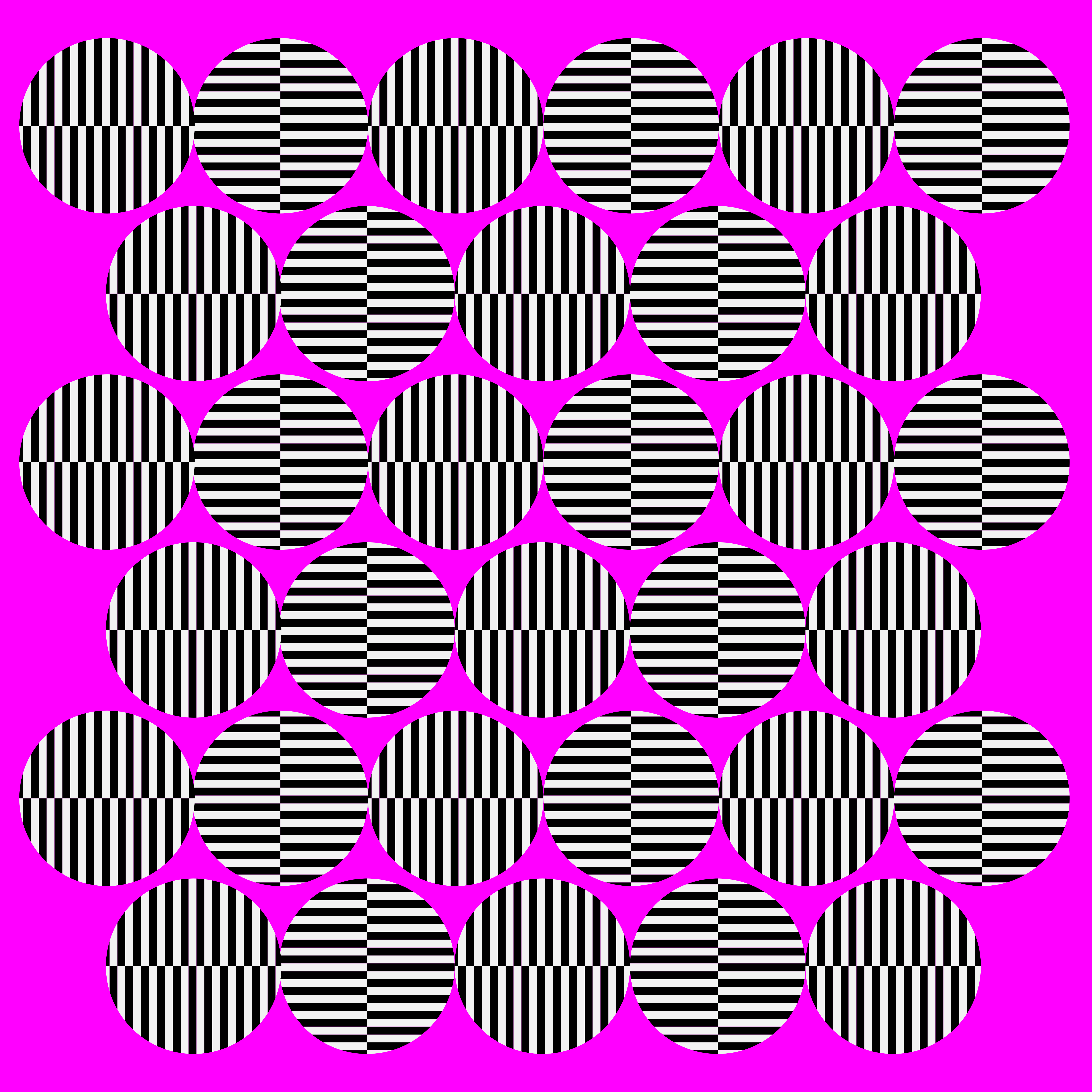 Una cuadrícula de círculos llena de franjas alternas en blanco y negro sobre magenta