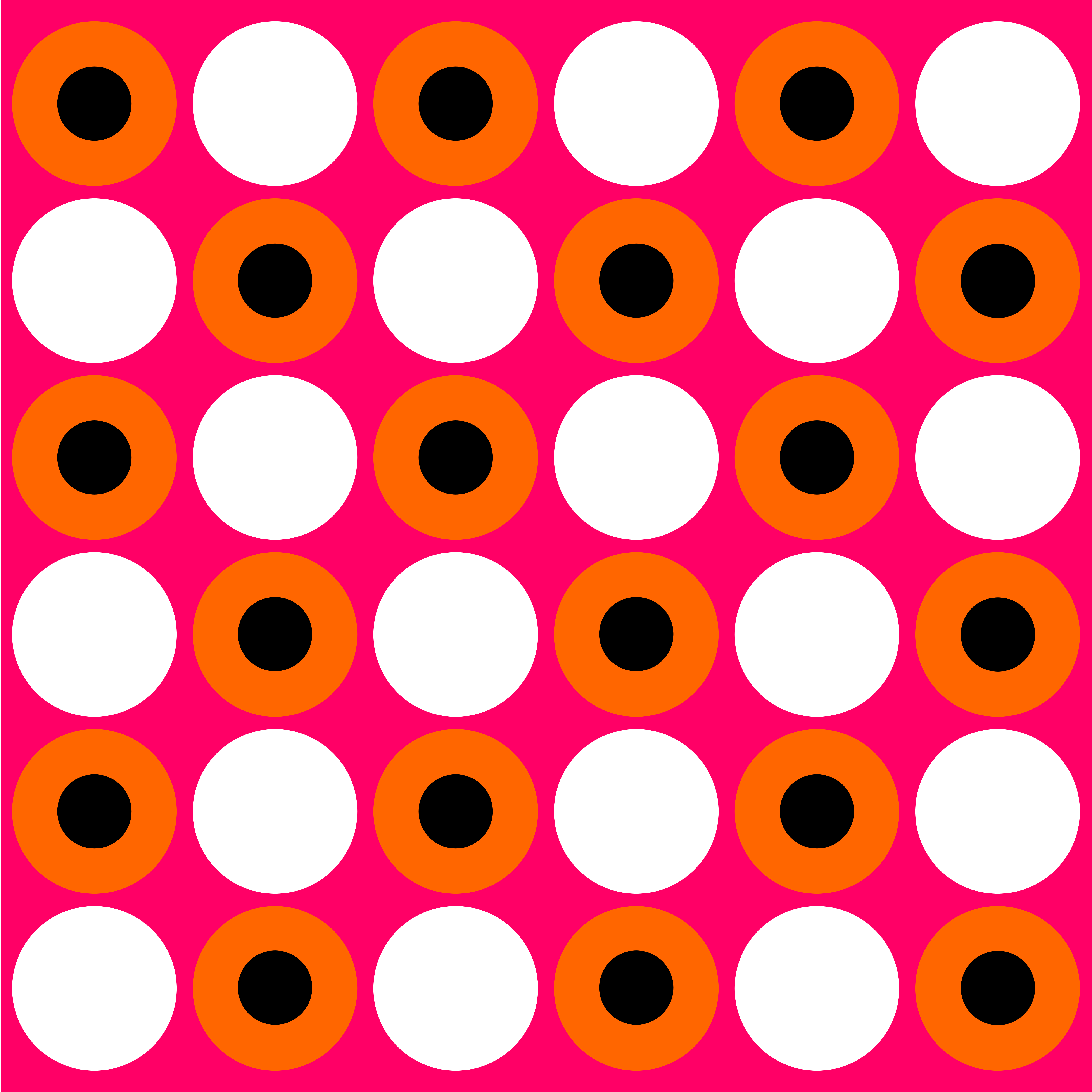 Ein sich wiederholendes Muster aus schwarzen, orangen und weißen Kreisen auf rosa Hintergrund