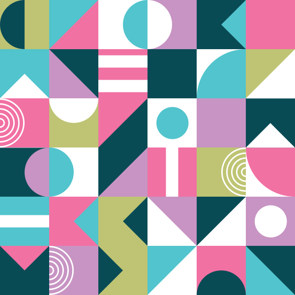 Un motivo senza soluzione di continuità di forme geometriche colorate che include cerchi, triangoli e quadrati