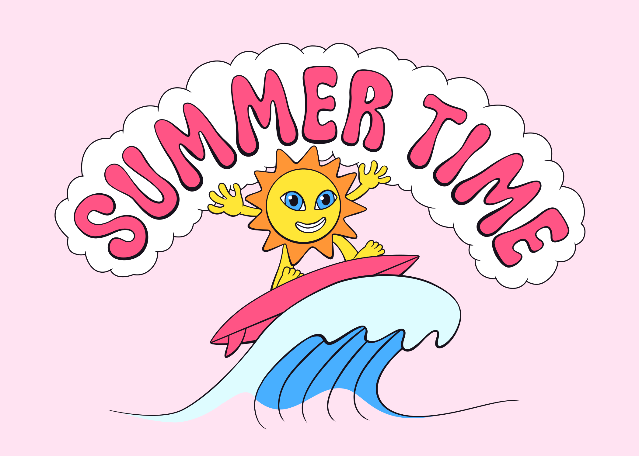 만화 속 태양이 파란 파도 위를 타고 서핑하는 모습과 함께 'Summer Time'이라는 문구가 적혀 있다