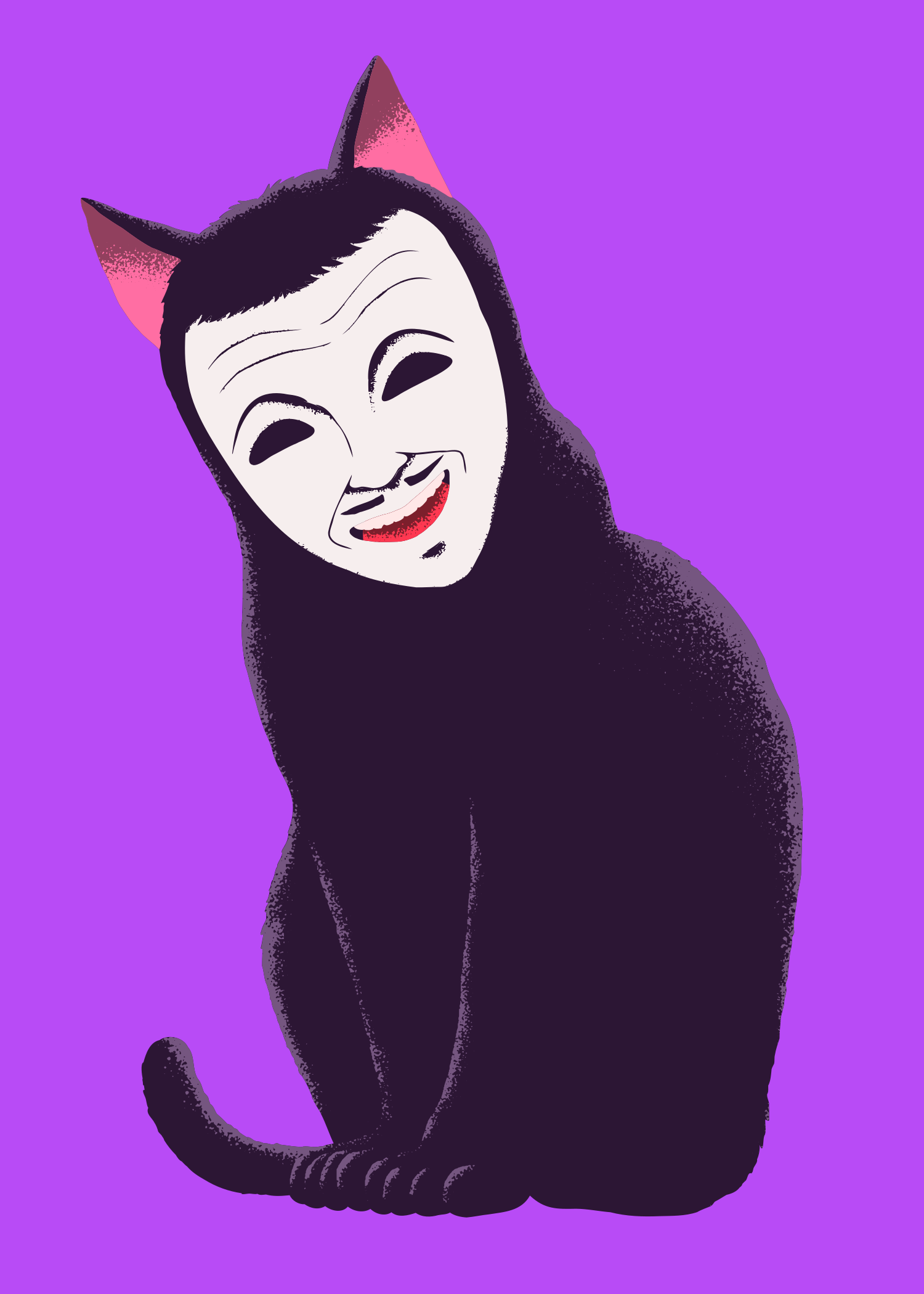 Un gatto nero che indossa una maschera teatrale bianca su uno sfondo viola uniforme