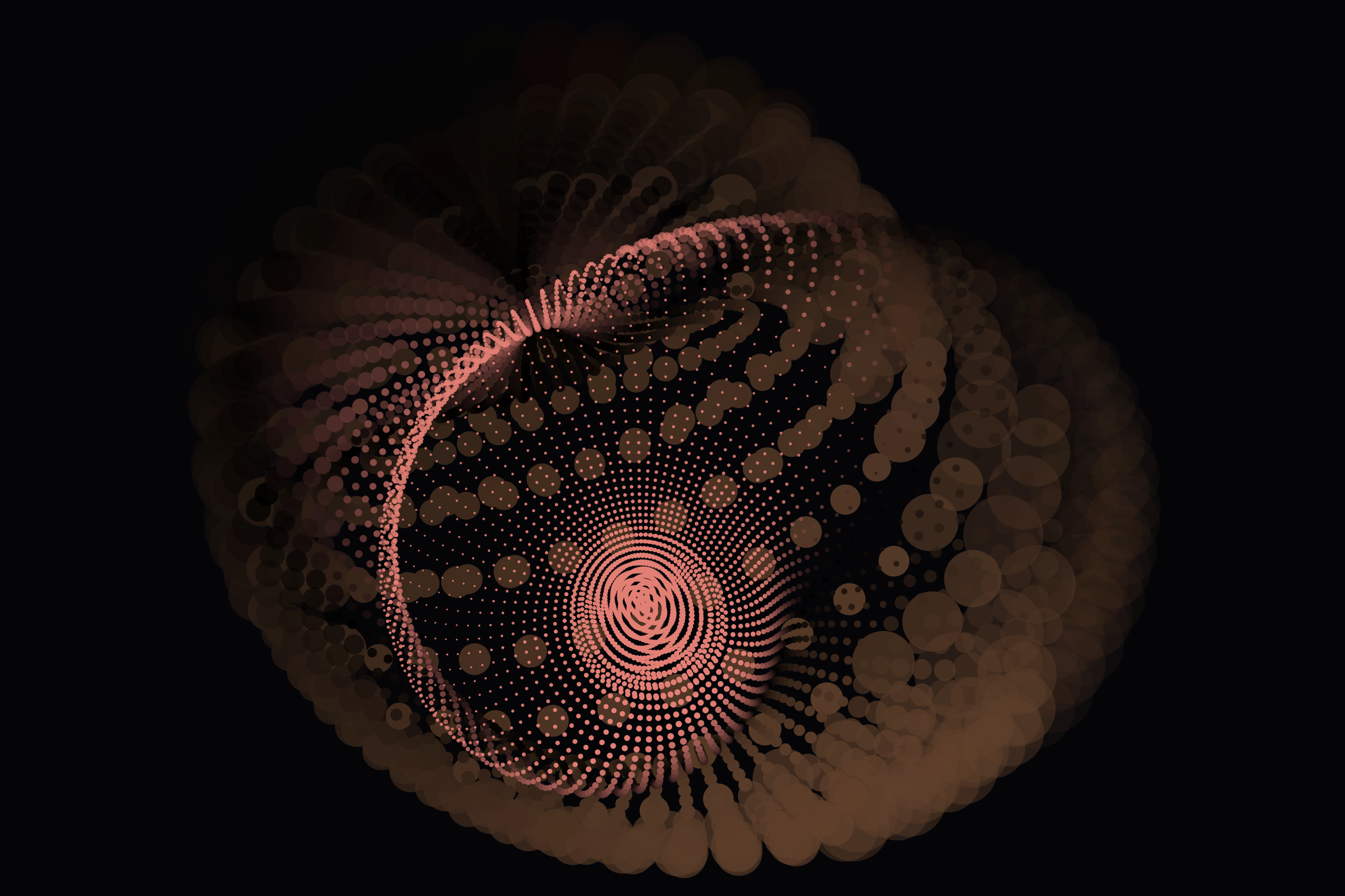 Ein Spiralmuster aus rosa Punkten, die eine kreisförmige Form auf schwarzem Hintergrund bilden