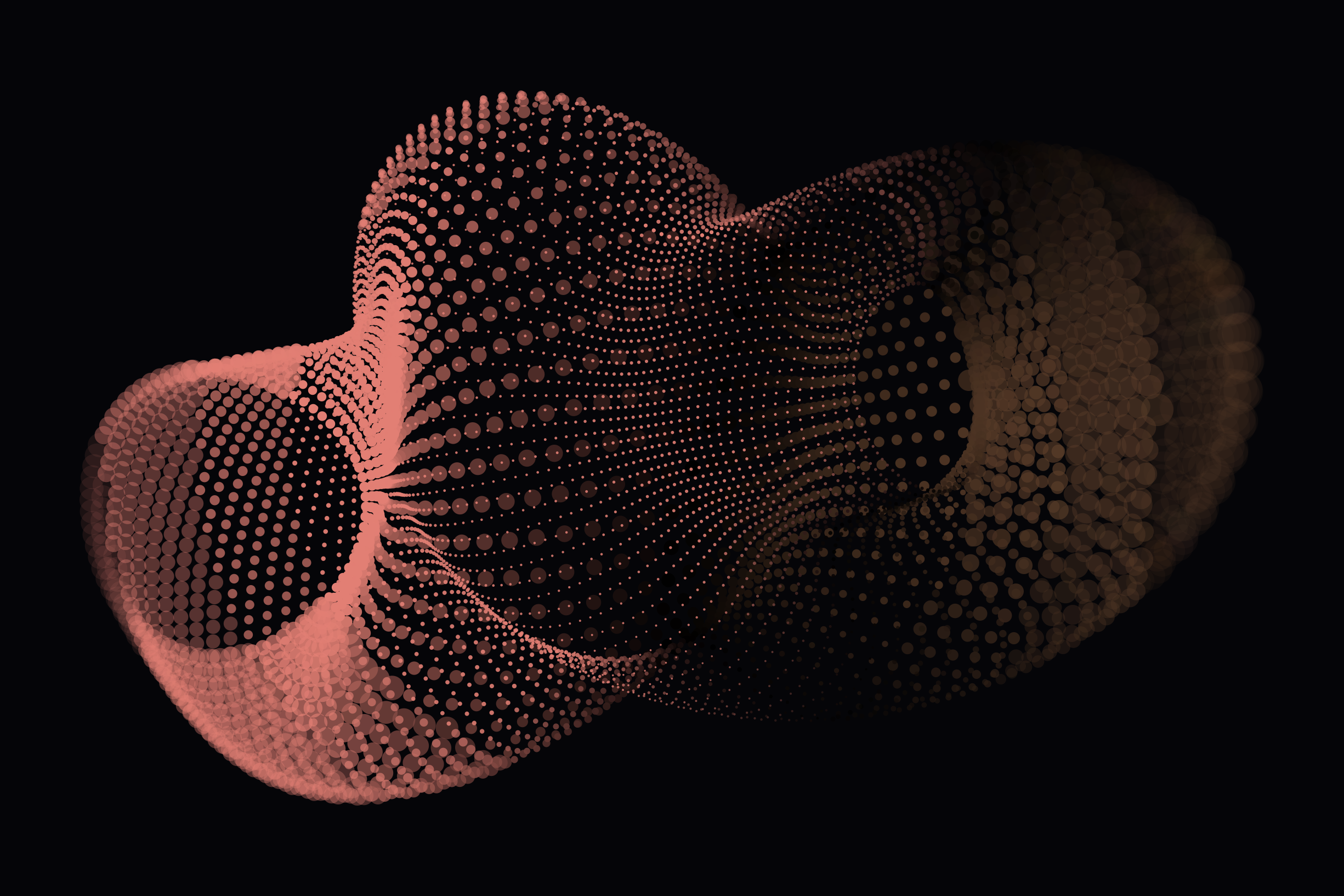 Una forma abstracta en espiral formada por puntos rosas sobre un fondo negro