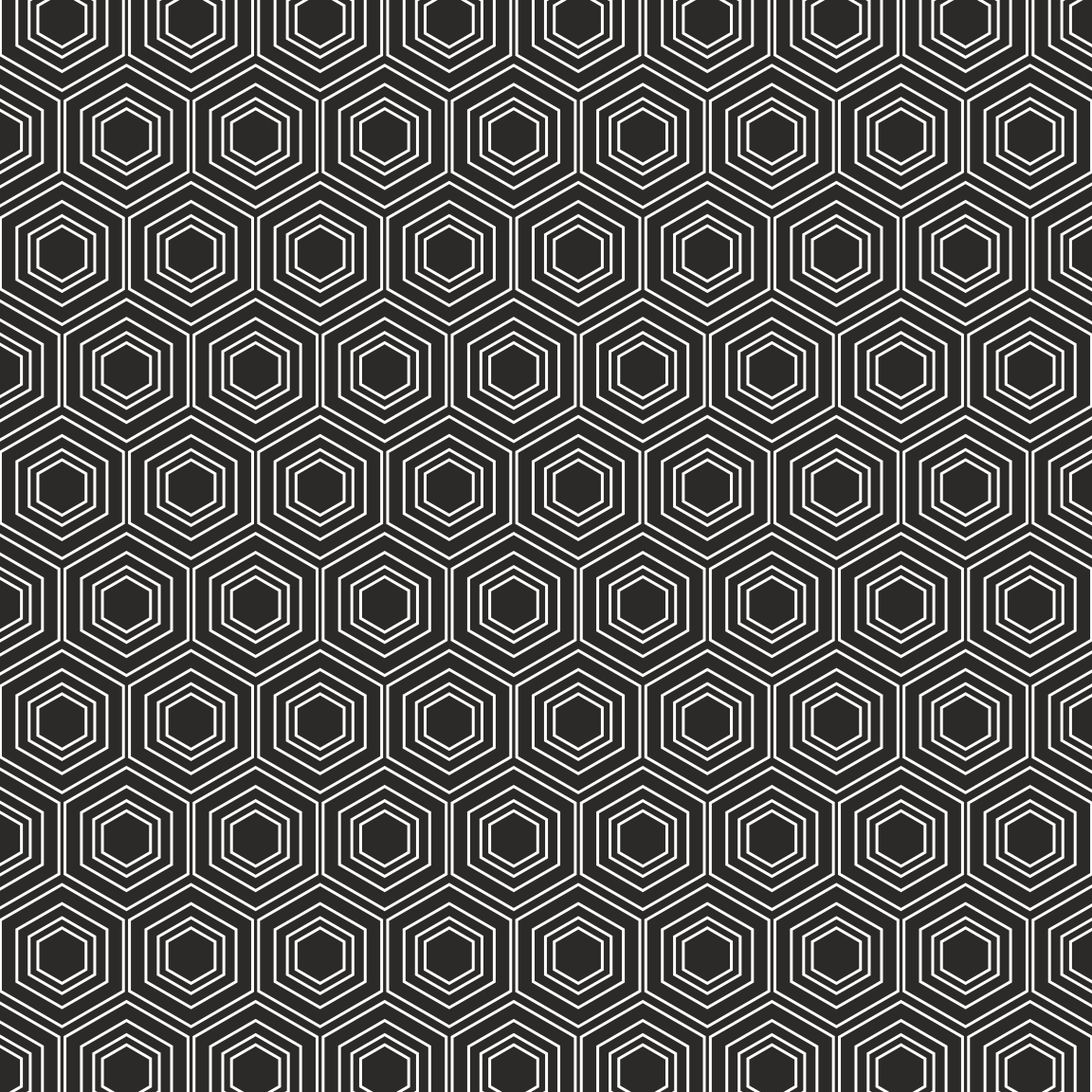 Un patrón continuo de hexágonos concéntricos blancos sobre un fondo gris oscuro
