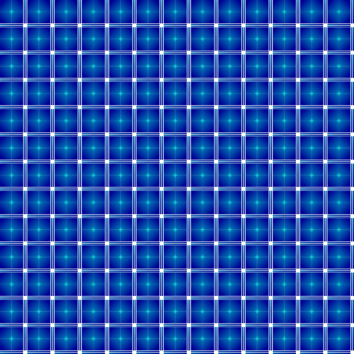 A seamless grid pattern of blue squares with white lines and glowing centers