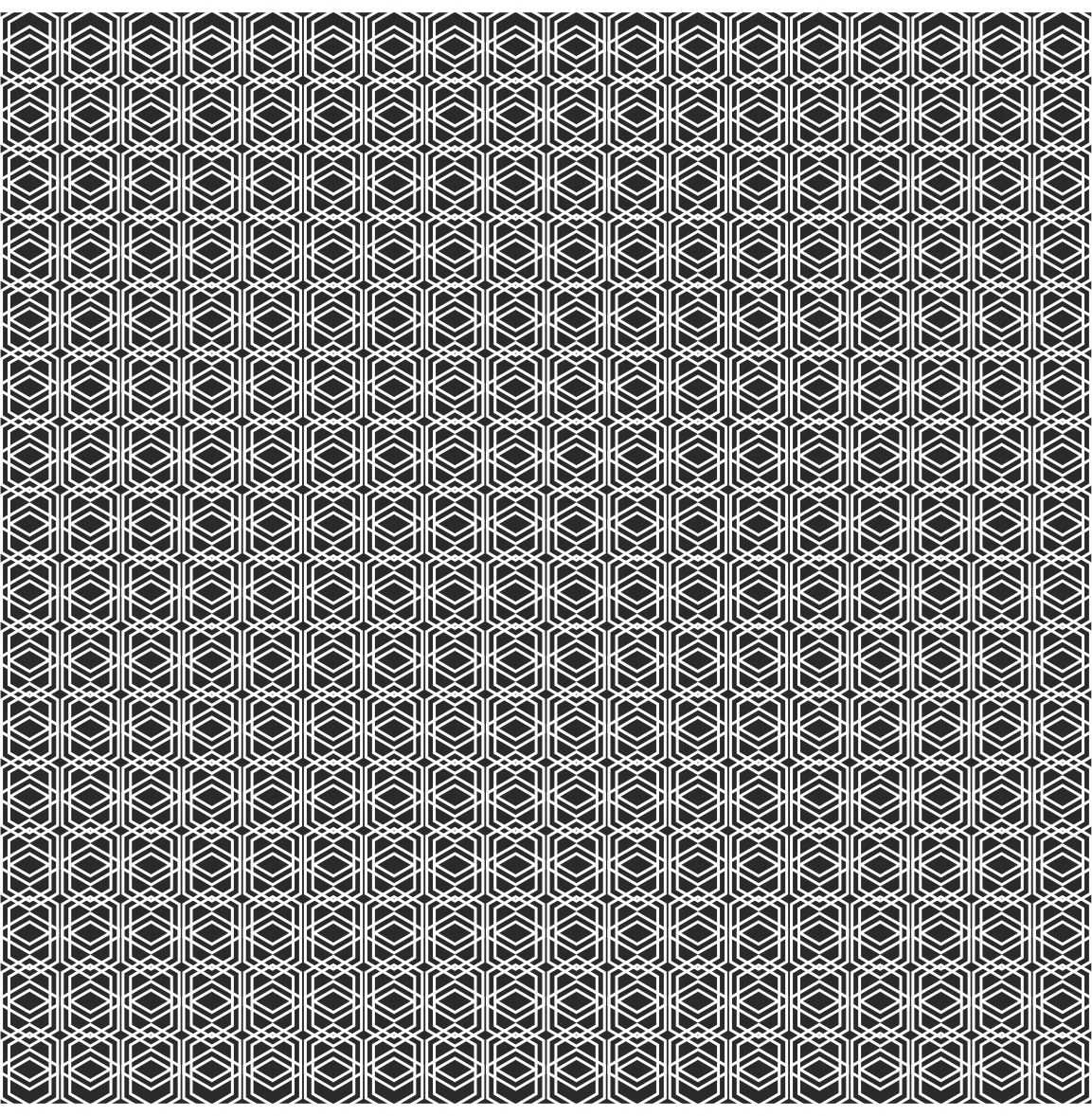 Un patrón geométrico continuo de hexágonos blancos entrelazados y diamantes sobre fondo negro
