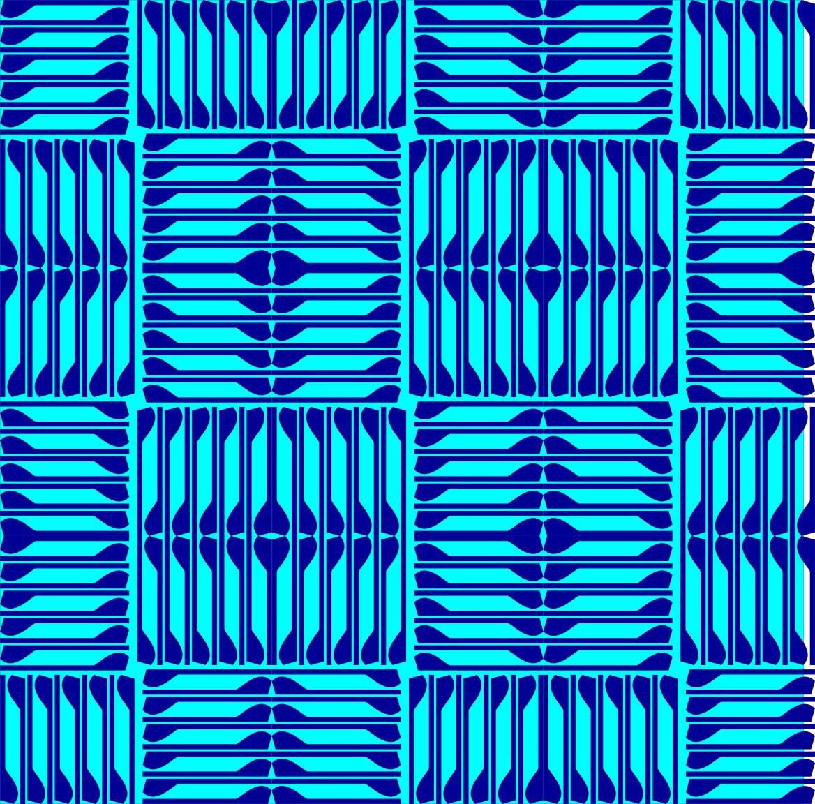 Um padrão geométrico repetitivo de formas azul-escuras sobre um fundo ciano brilhante
