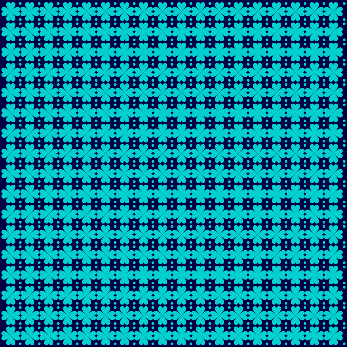 A seamless pattern of cyan four-leaf clovers and small dots on dark blue