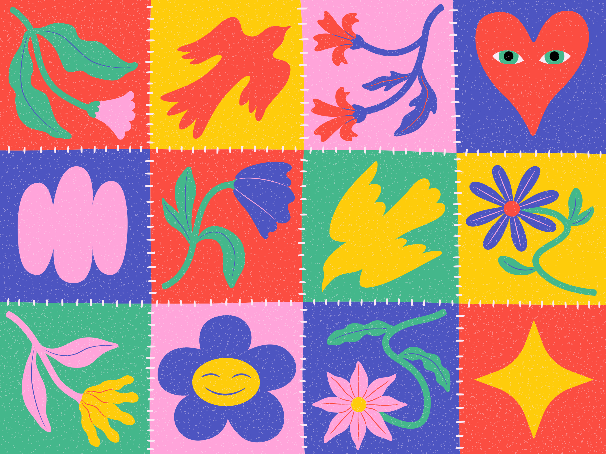 Una griglia di dodici quadrati colorati con fiori, uccelli, un cuore e stelle