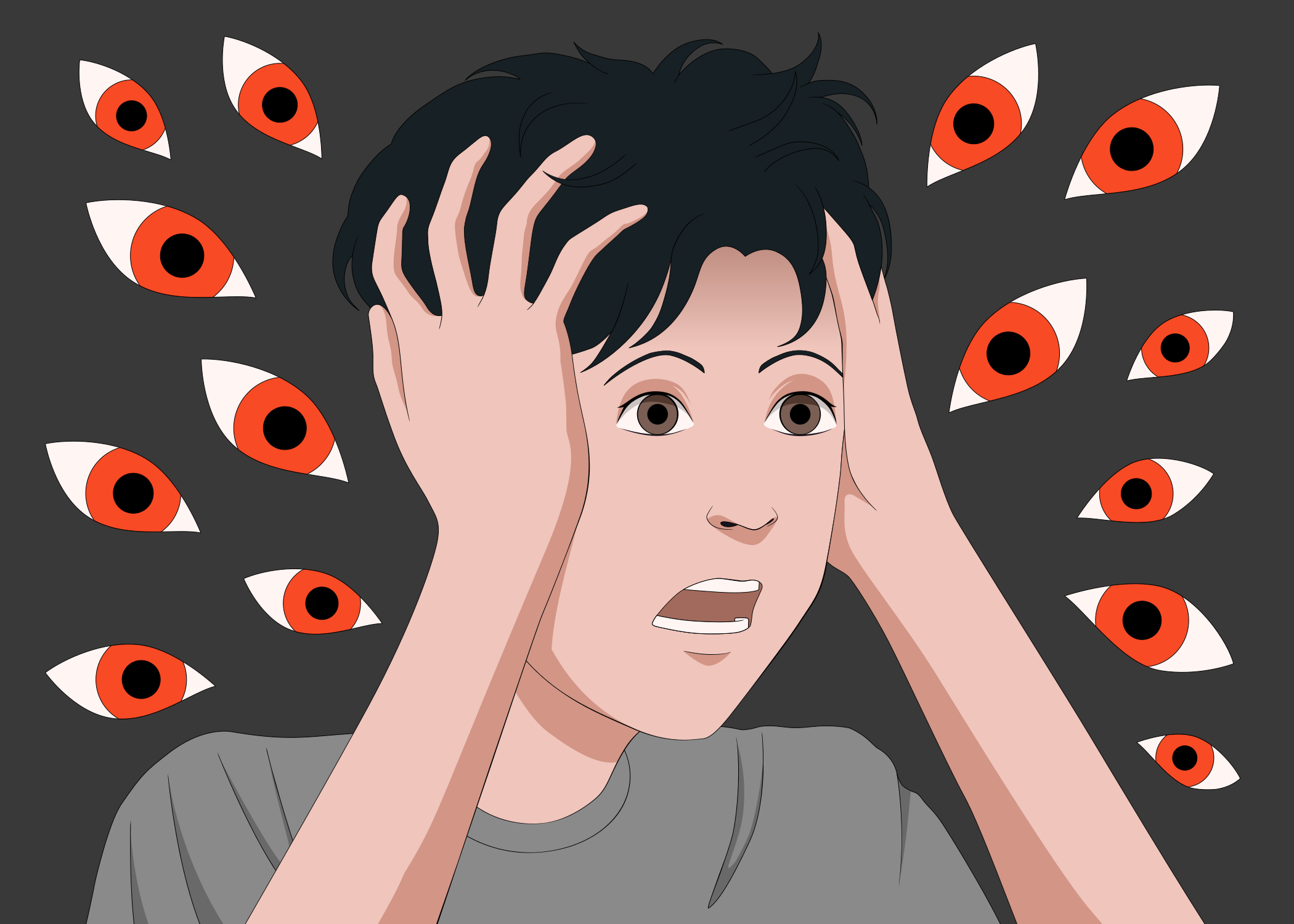 A person with hands on their head surrounded by many floating red eyes