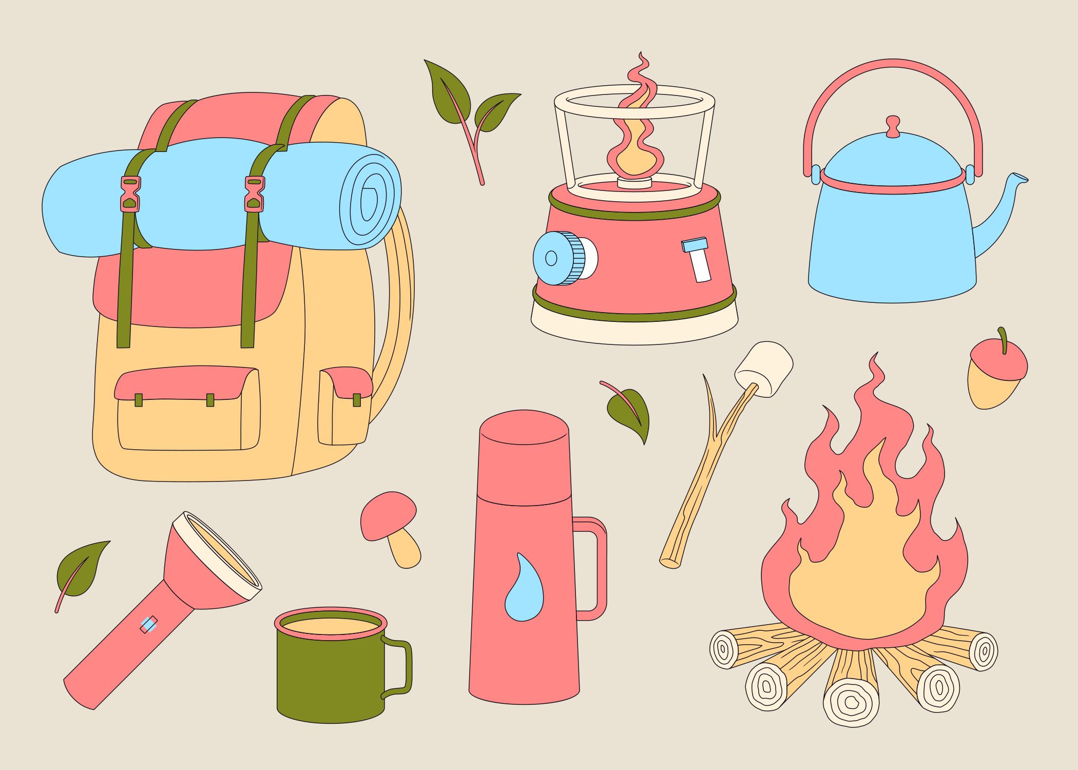 Una mochila, un farol, una tetera, un termo, una linterna, una taza y una hoguera con un malvavisco