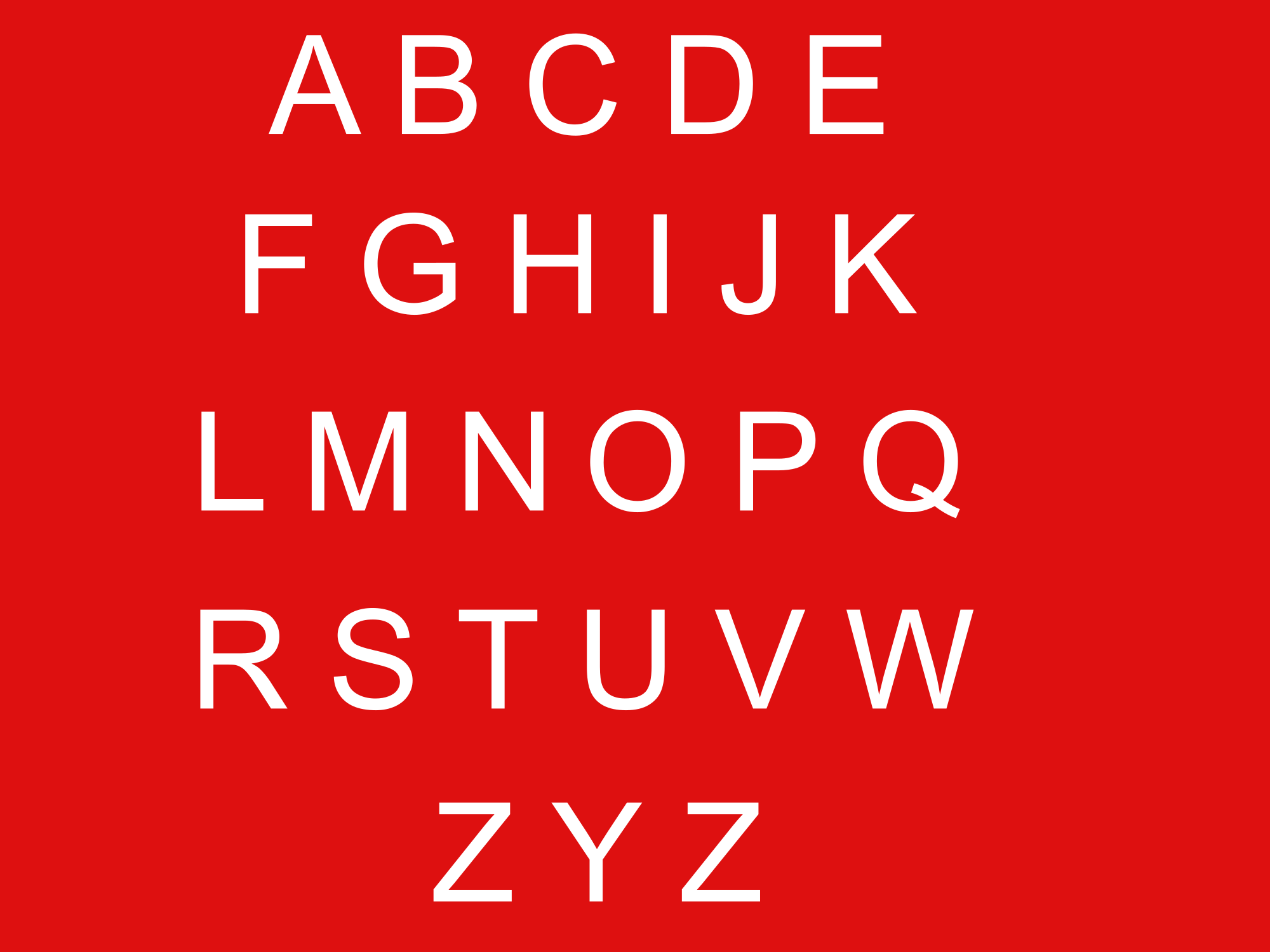 Weiße Großbuchstaben des Alphabets, in Reihen auf rotem Grund angeordnet