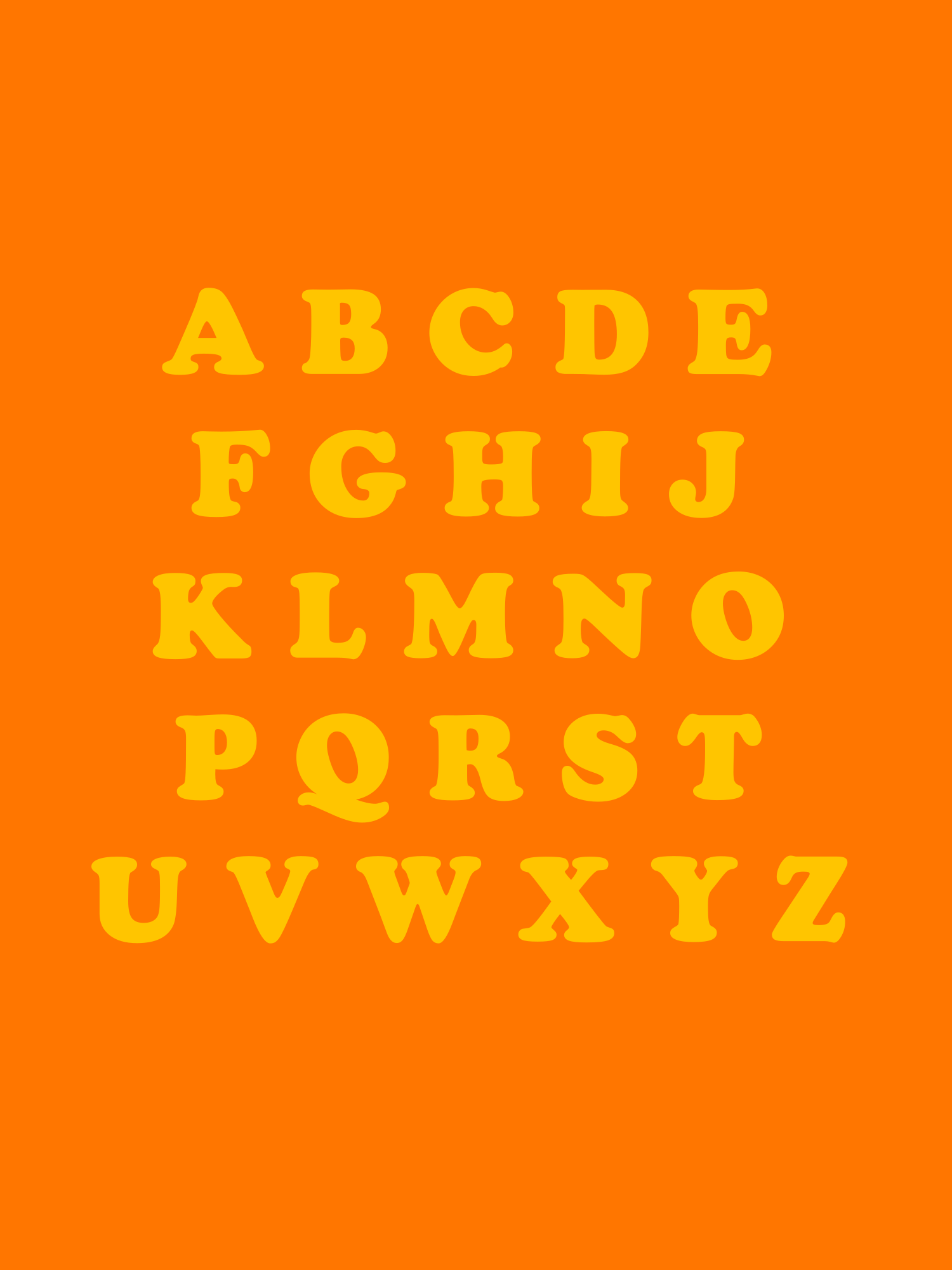 Die gelben Buchstaben des Alphabets sind in fünf Reihen auf leuchtend orangefarbenem Hintergrund angeordnet