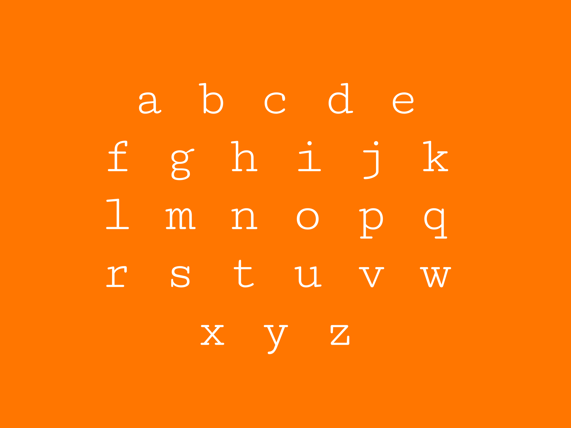 Das kleingeschriebene englische Alphabet in weißen Buchstaben auf einem durchgehend orangefarbenen Hintergrund