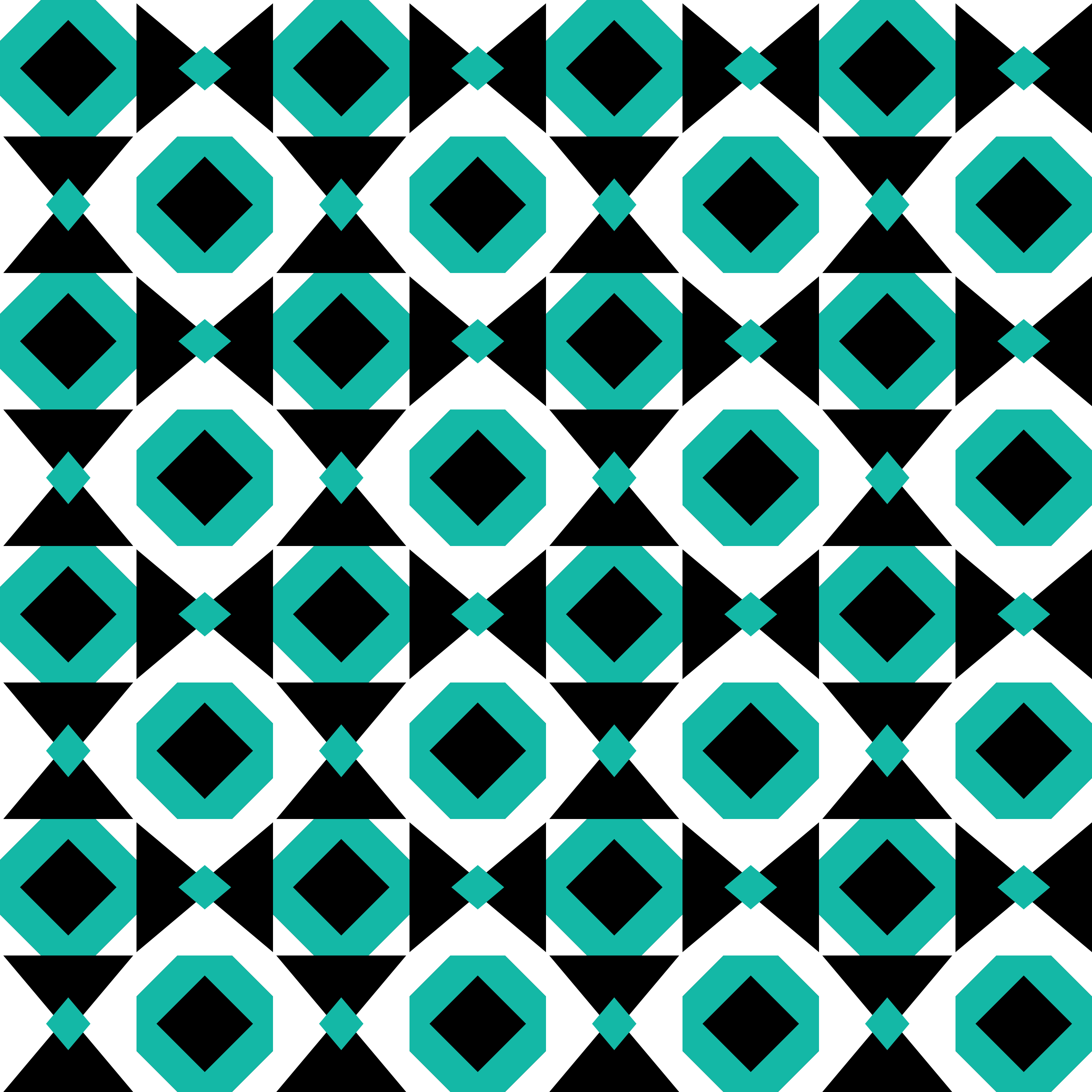 Un motivo geometrico senza soluzione di continuità di diamanti e triangoli neri, bianchi e turchesi