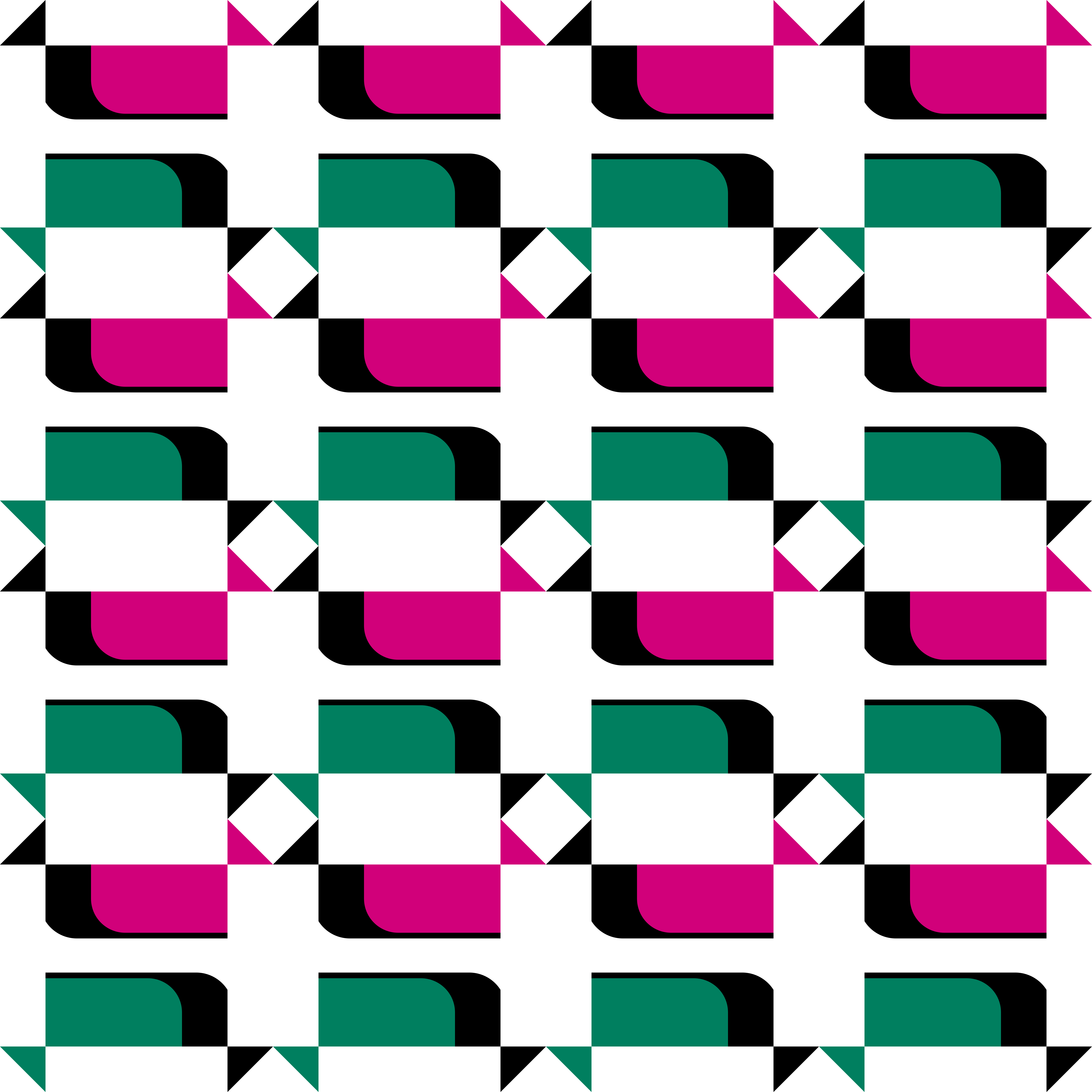 Pola geometris berulang dari bentuk hijau dan magenta dengan bayangan hitam