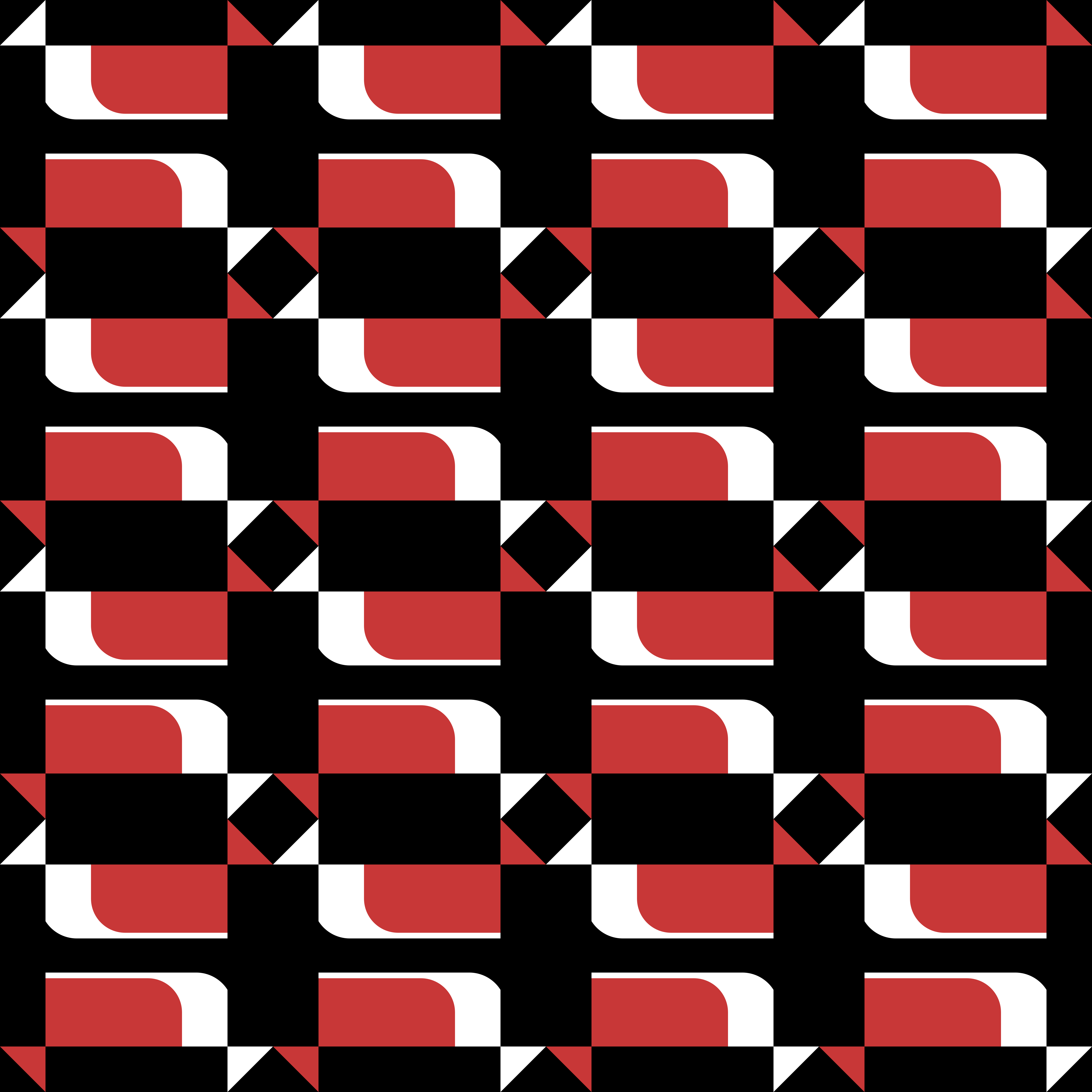 Pola geometris berulang berupa bentuk merah dan putih di atas latar belakang hitam