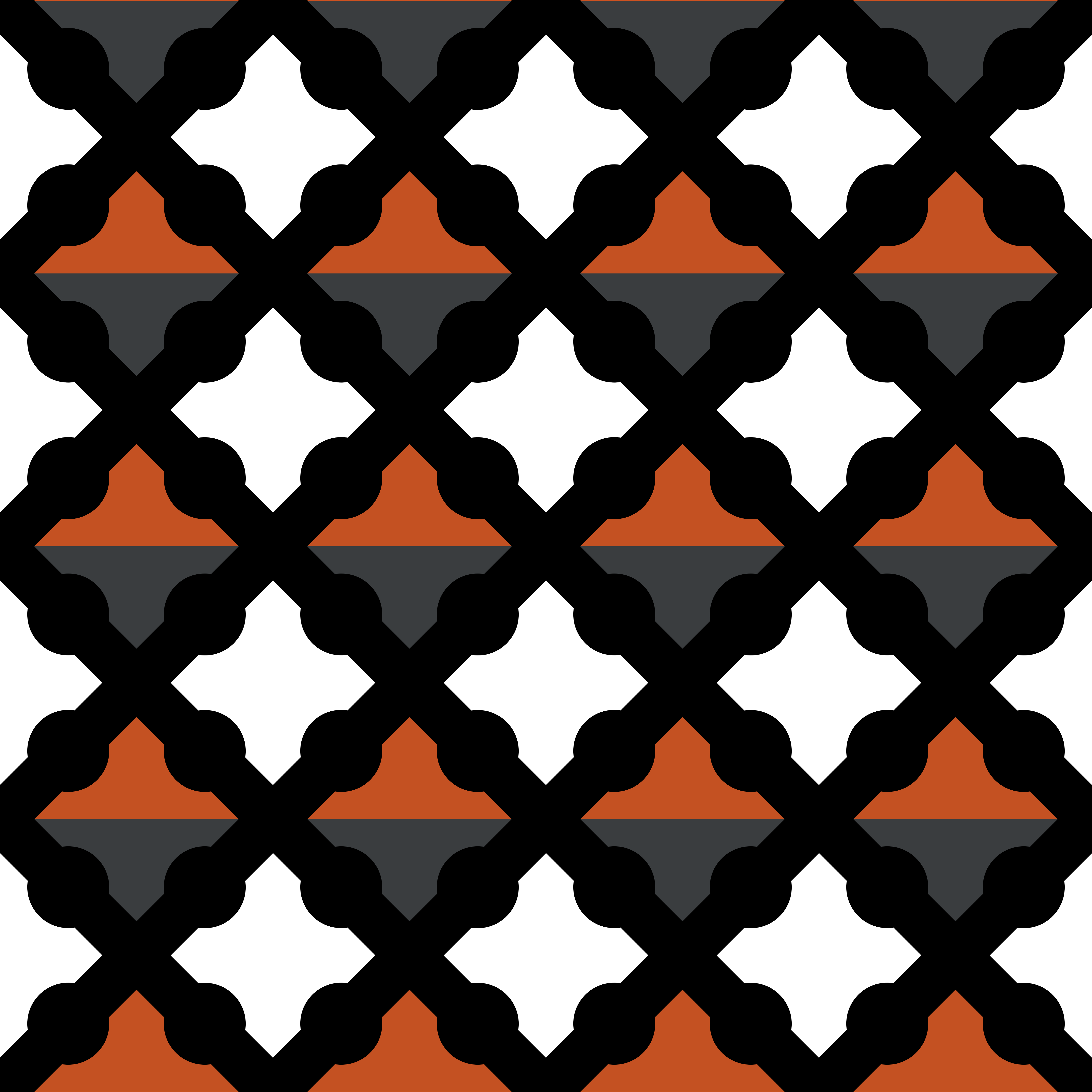 Pola geometris berulang dari kisi hitam di atas bentuk putih, oranye, dan abu-abu