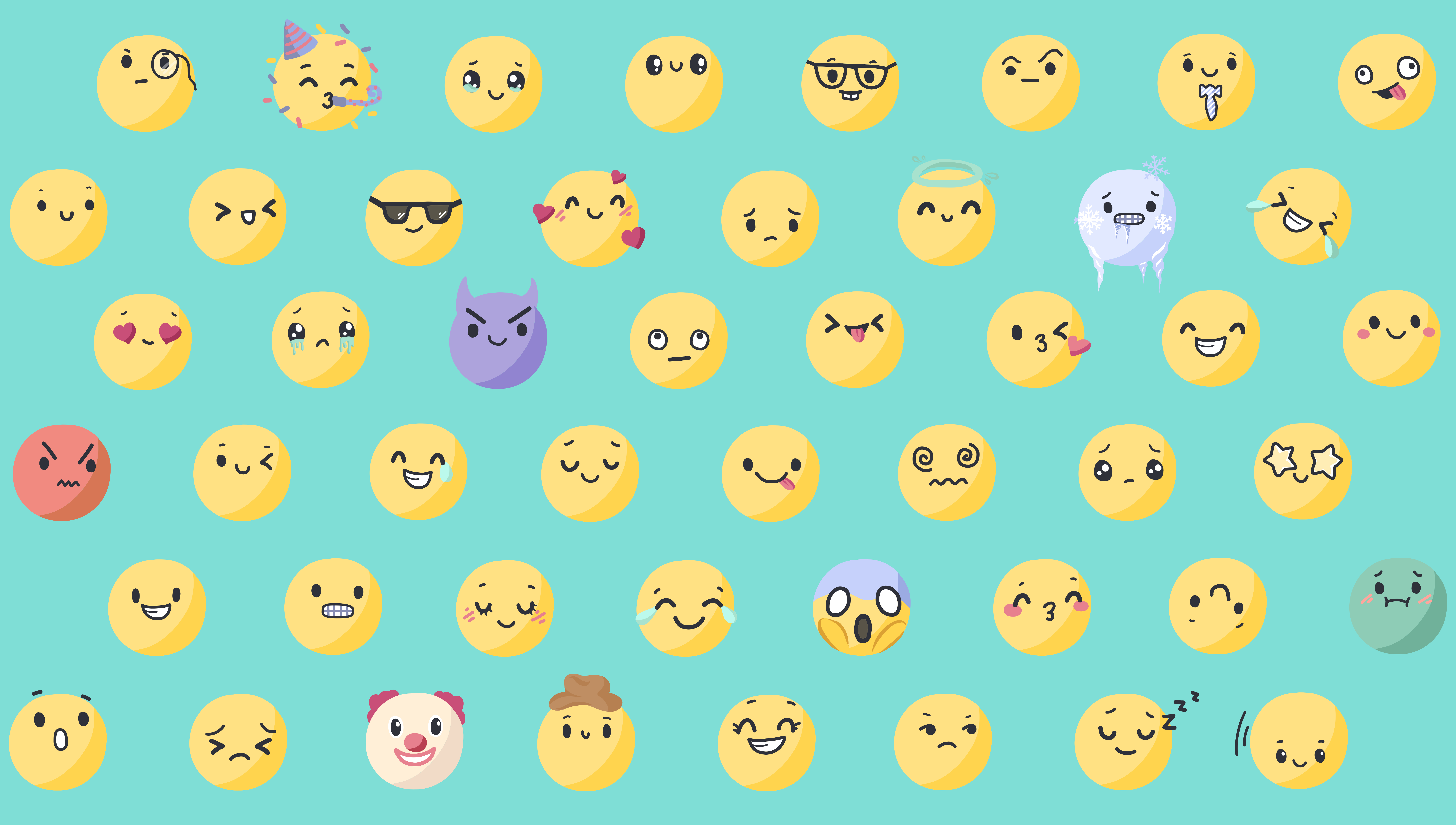 Ein Raster aus verschiedenen gelben Emoji-Gesichtern mit unterschiedlichen Gesichtsausdrücken auf einem türkisfarbenen Hintergrund
