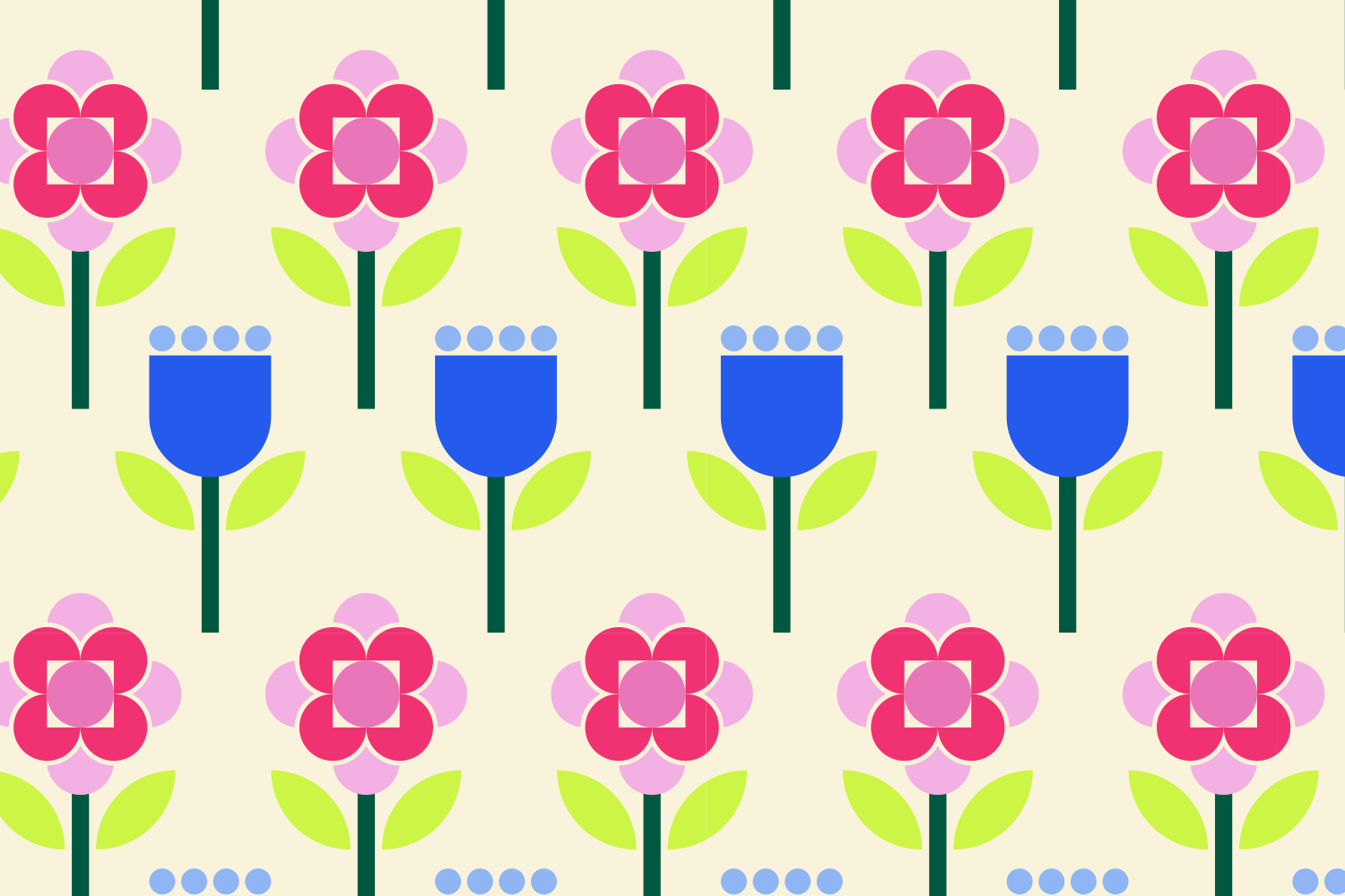 Um padrão repetitivo de flores rosas estilizadas e tulipas azuis sobre fundo creme