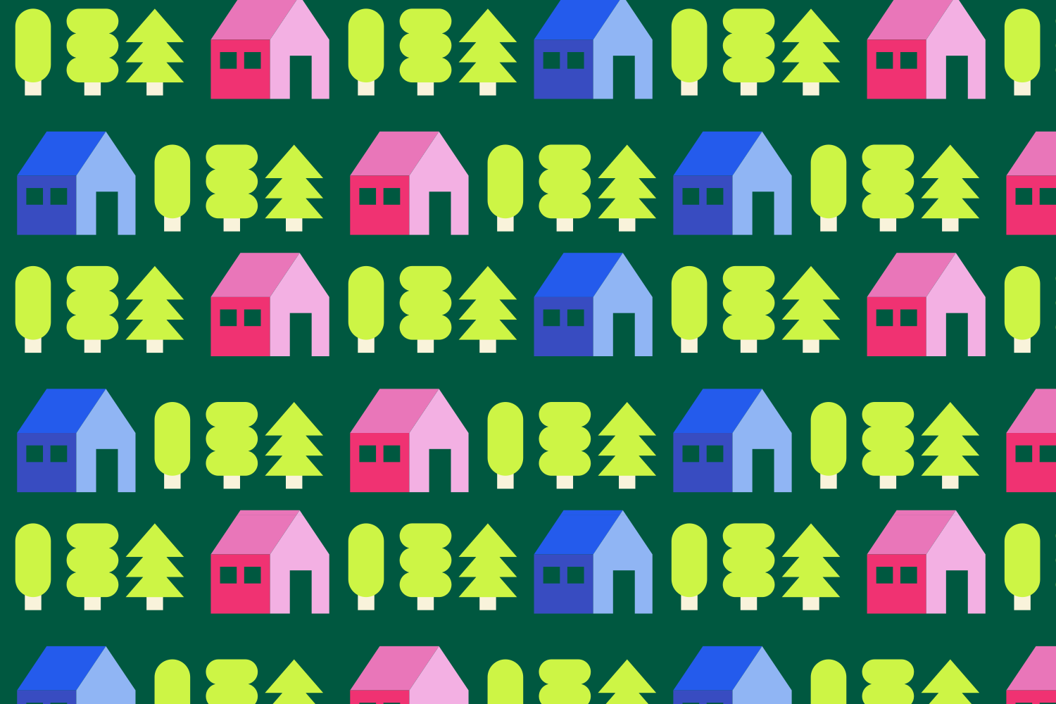 A repeating pattern of pink houses, blue houses, and green trees on dark green
