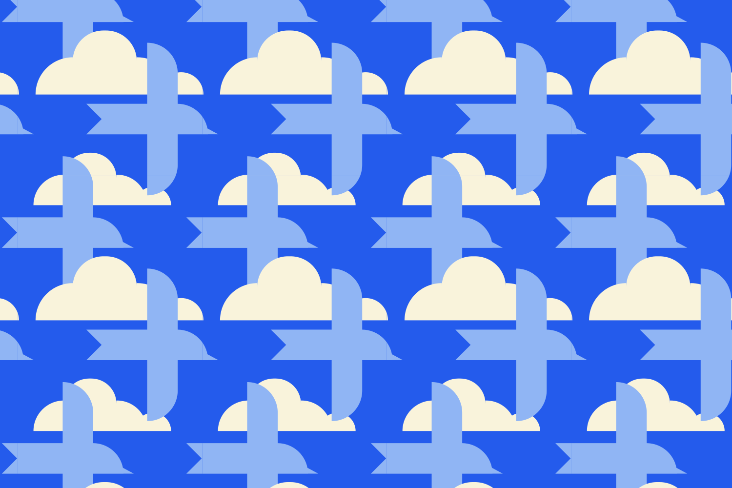 Um padrão repetitivo de pássaros azul-claros e nuvens creme sobre um fundo azul