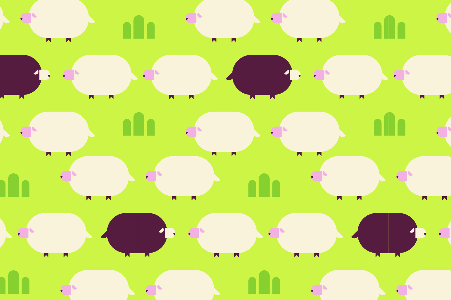 A repeating pattern of white and dark purple sheep on a lime green background