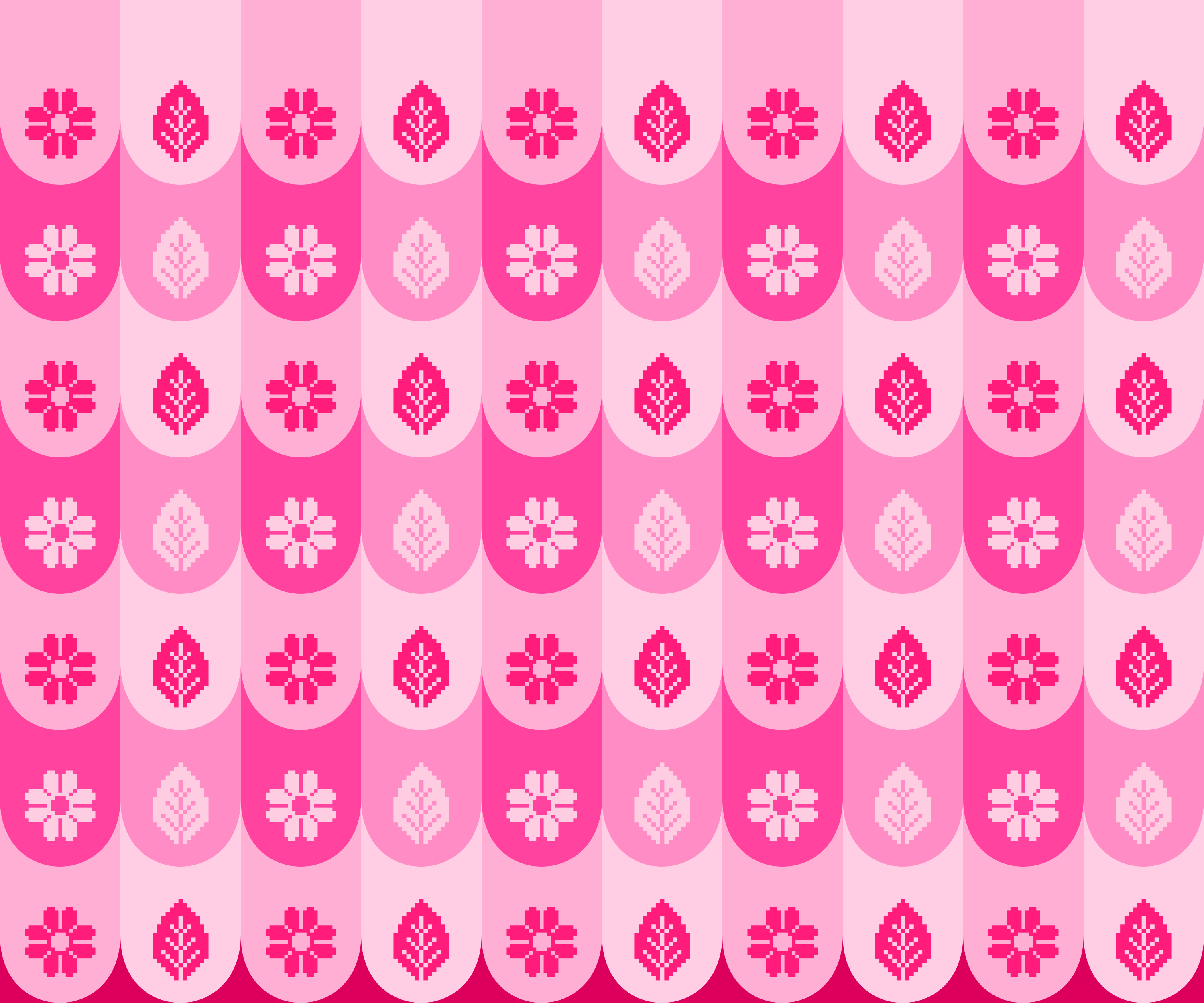 Um padrão repetitivo de flores e folhas cor-de-rosa pixeladas sobre listras verticais onduladas