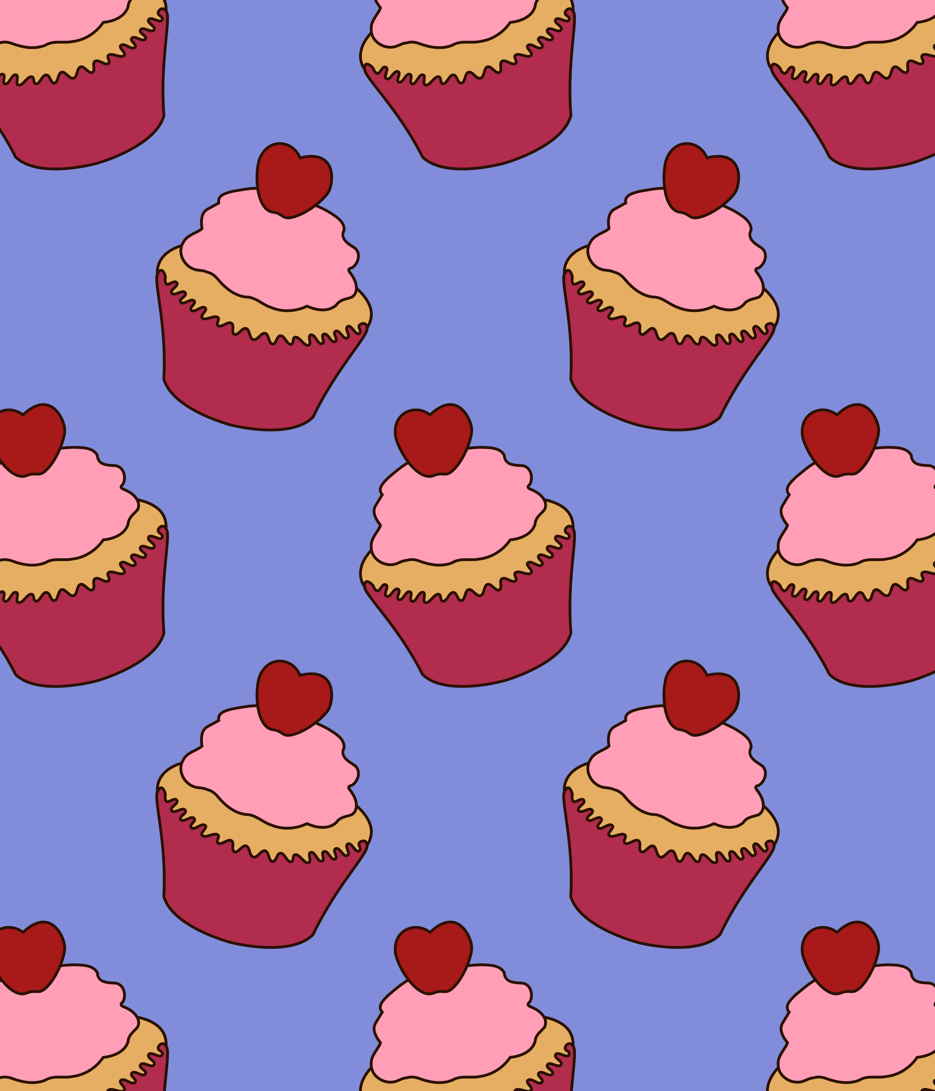 Um padrão repetitivo de cupcakes com cobertura rosa e corações vermelhos sobre azul