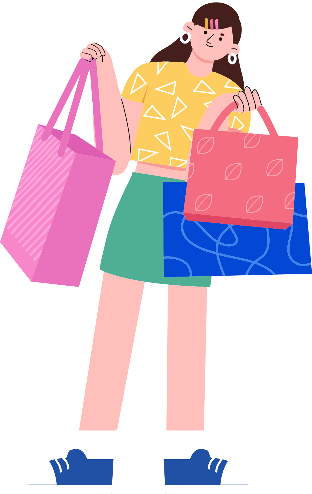 A person in a yellow patterned shirt holding several colorful shopping bags