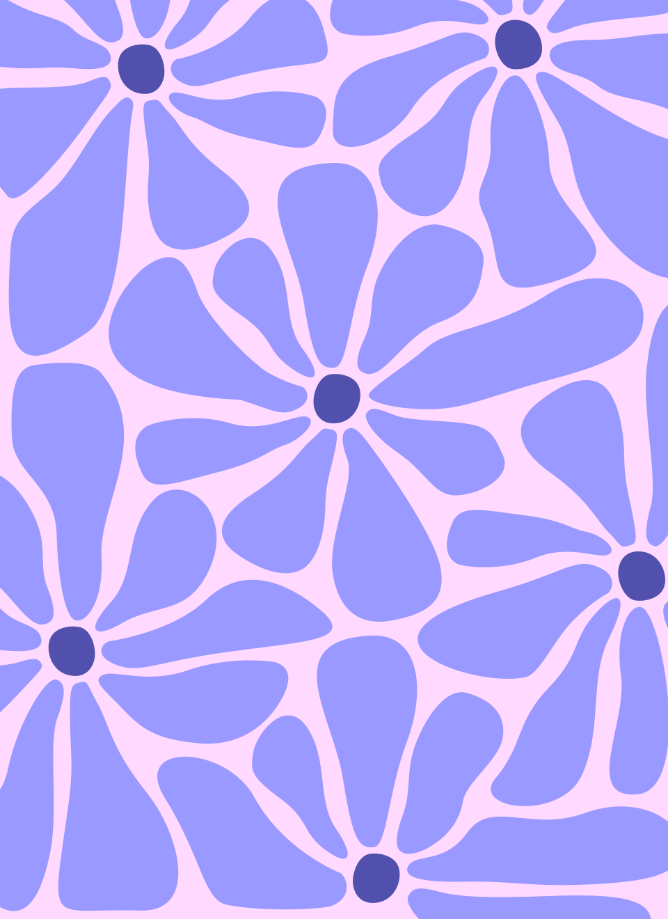 Un motif répétitif de fleurs bleues stylisées avec des centres sombres sur un fond rose