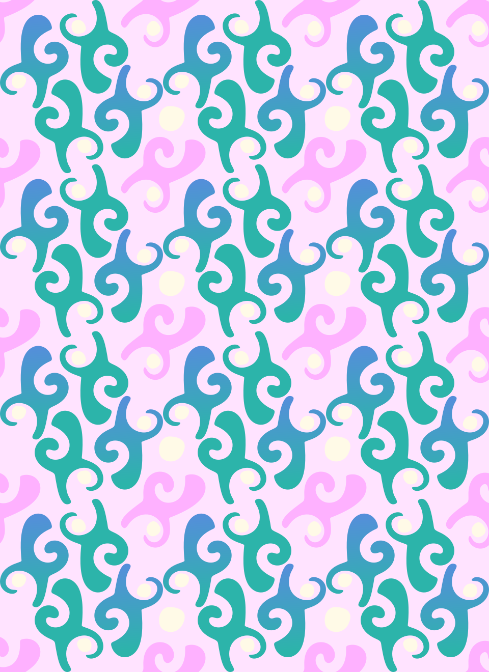 Un motif répétitif de tourbillons turquoise et bleu avec de petits cercles jaunes sur fond rose