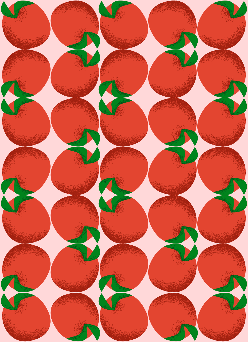 Un motif répétitif de pommes rouges aux feuilles vertes sur un fond rose pâle
