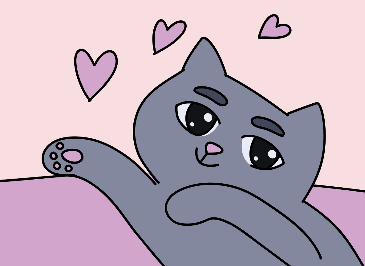 Un gato gris de dibujos animados con almohadillas rosas rodeado de corazones rosas flotantes