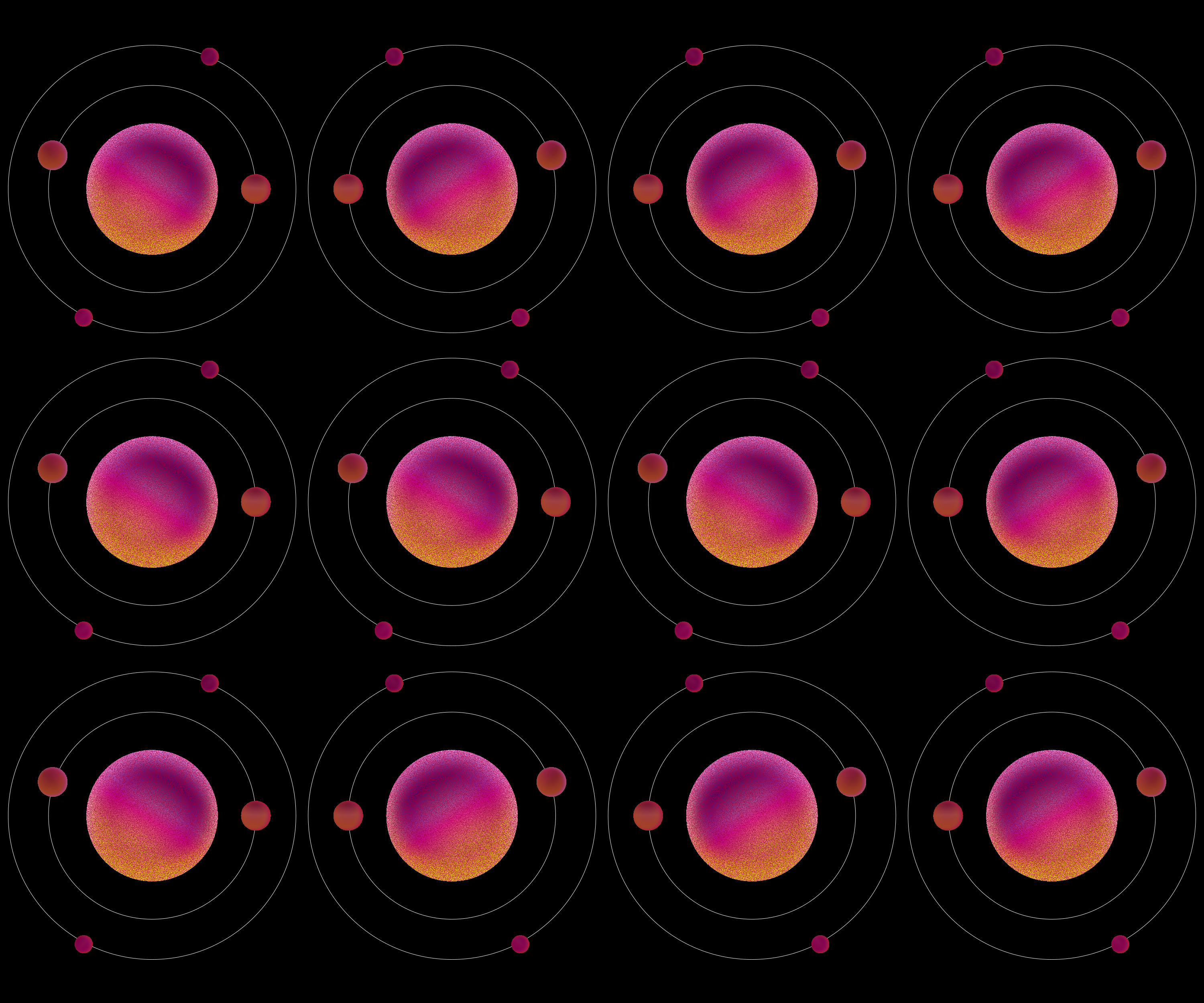 Ein sich wiederholendes Muster von zwölf atomaren Modellen mit violetten und orangefarbenen Kugeln auf Schwarz