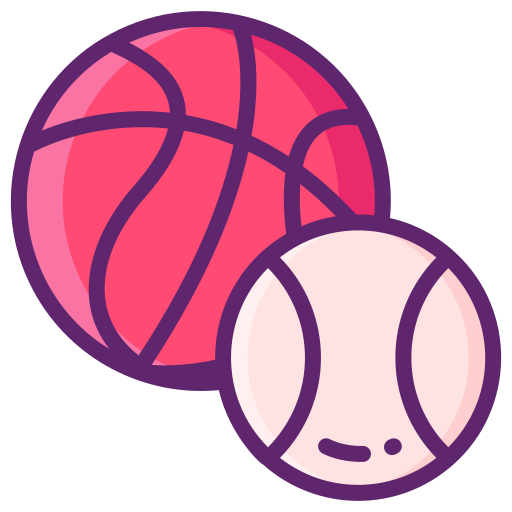 Uma bola de basquete rosa e uma bola branca com contornos grossos roxos