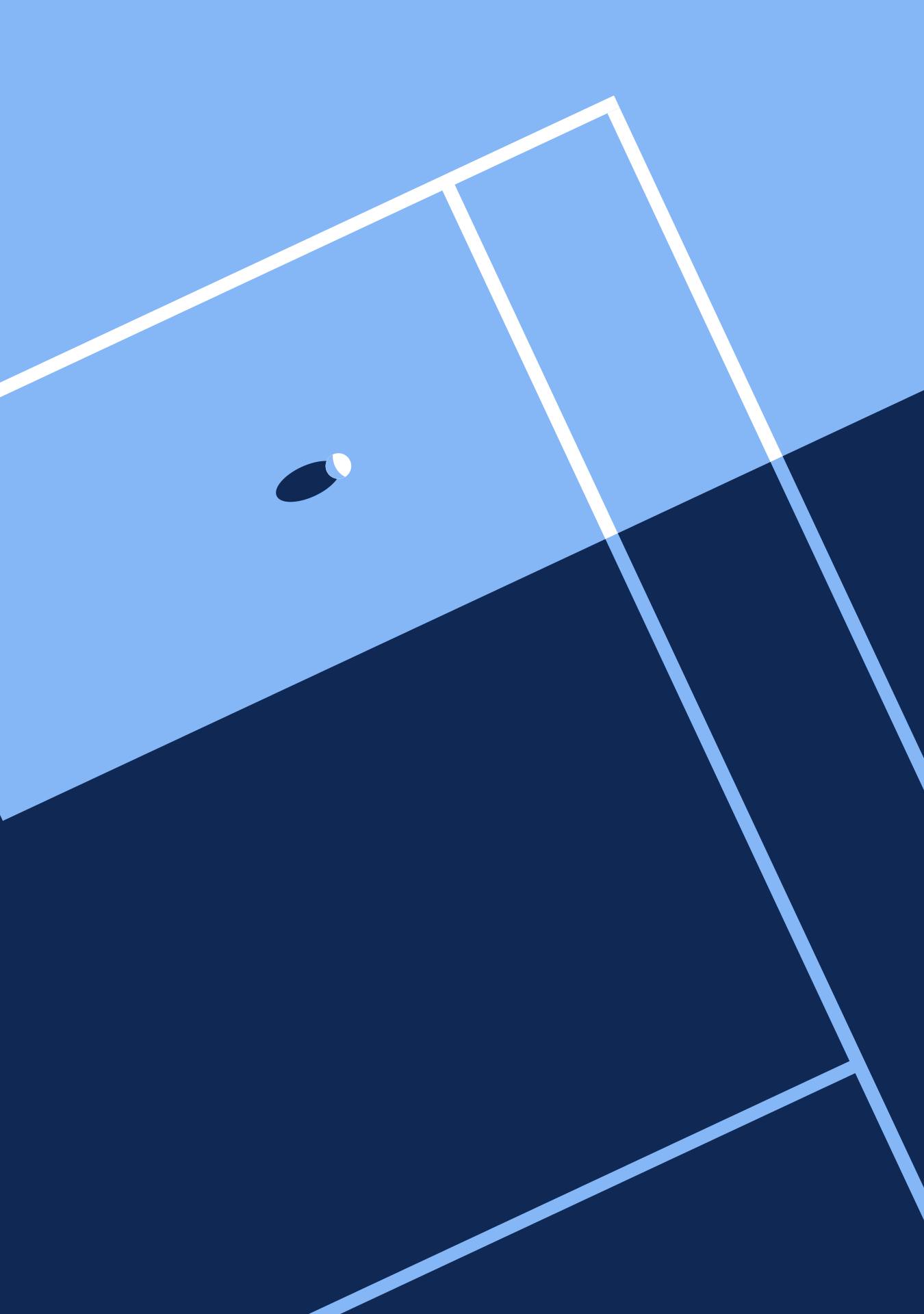 A tennis ball on a blue court with white lines and sharp shadows