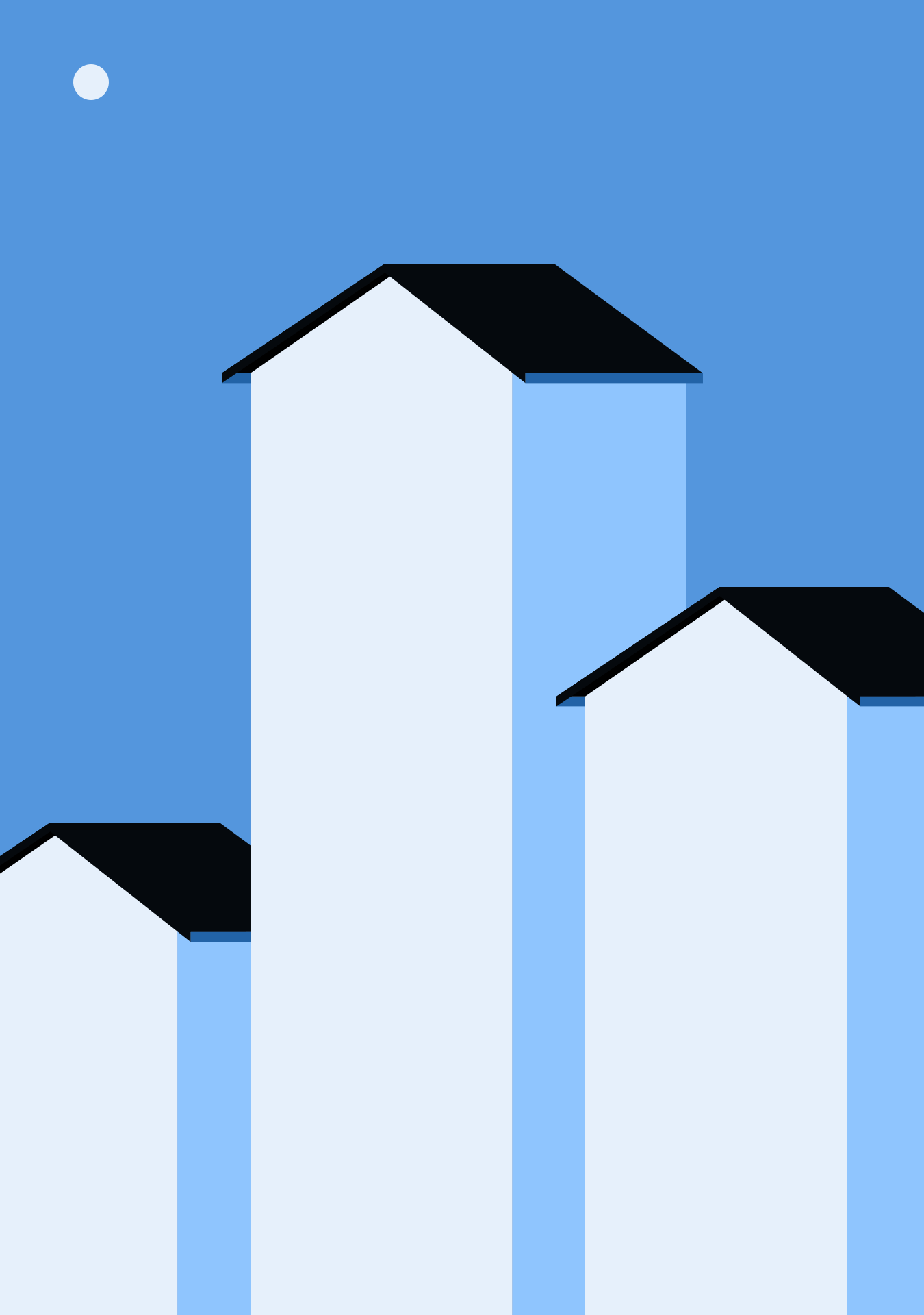 Three stylized white houses with black roofs against a solid blue sky