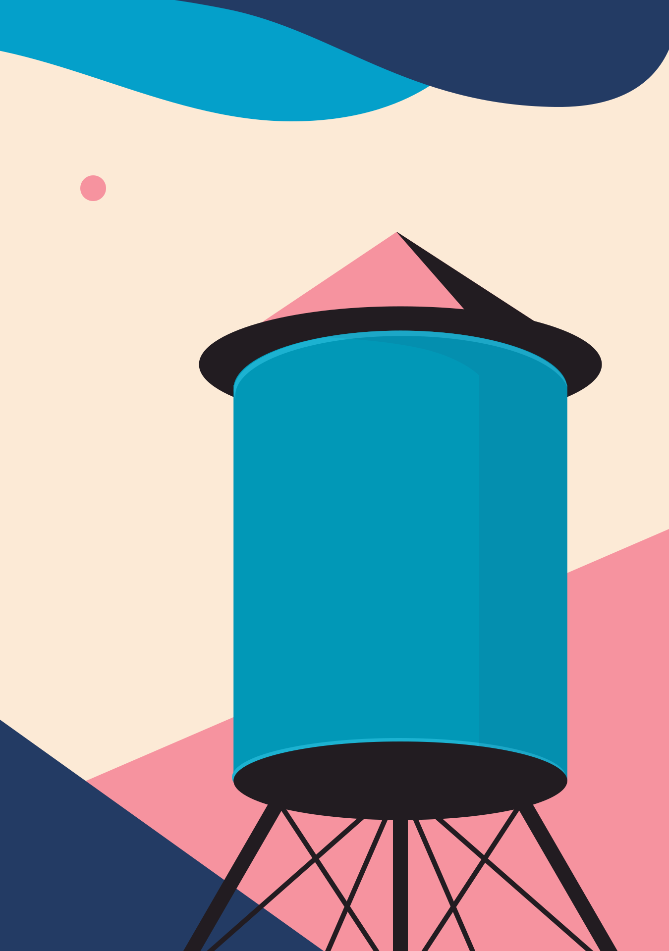 Una torre d'acqua blu su uno sfondo geometrico di forme rosa e crema