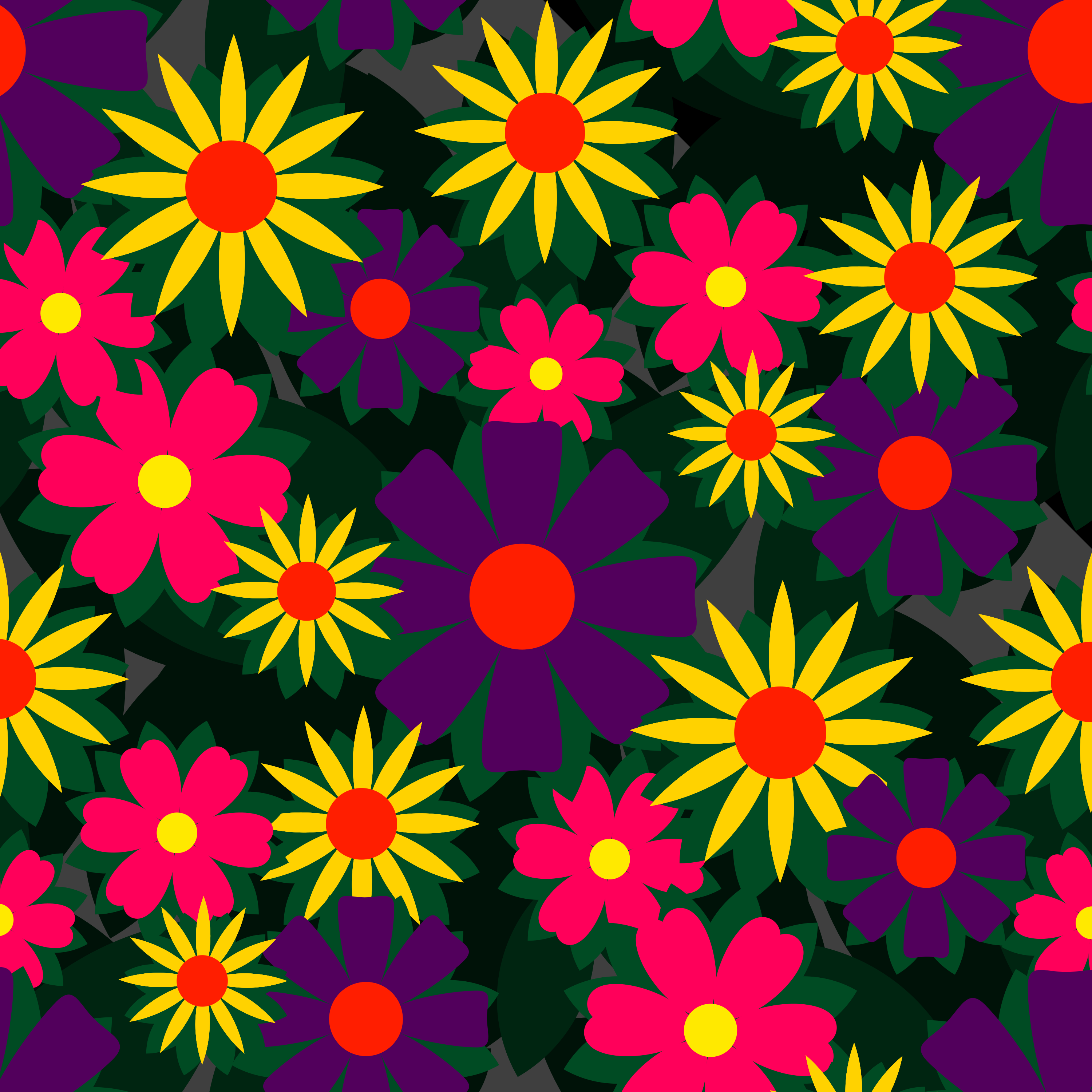 Ein nahtloses Muster aus stilisierten gelben, rosa und violetten Blüten auf dunklem Laub
